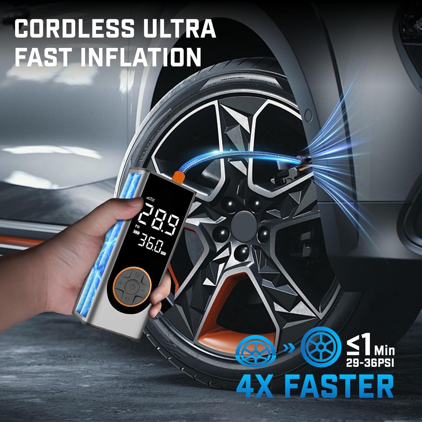 Tire Inflator Portable Air Compressor, 150PSI Cordless Air Pump for Car Tires, 4X Faster 12V DC Tire Pump with Tire Pressure Gauge, LED Light for Cars, Motorcycles, Bikes, Balls (Silver)