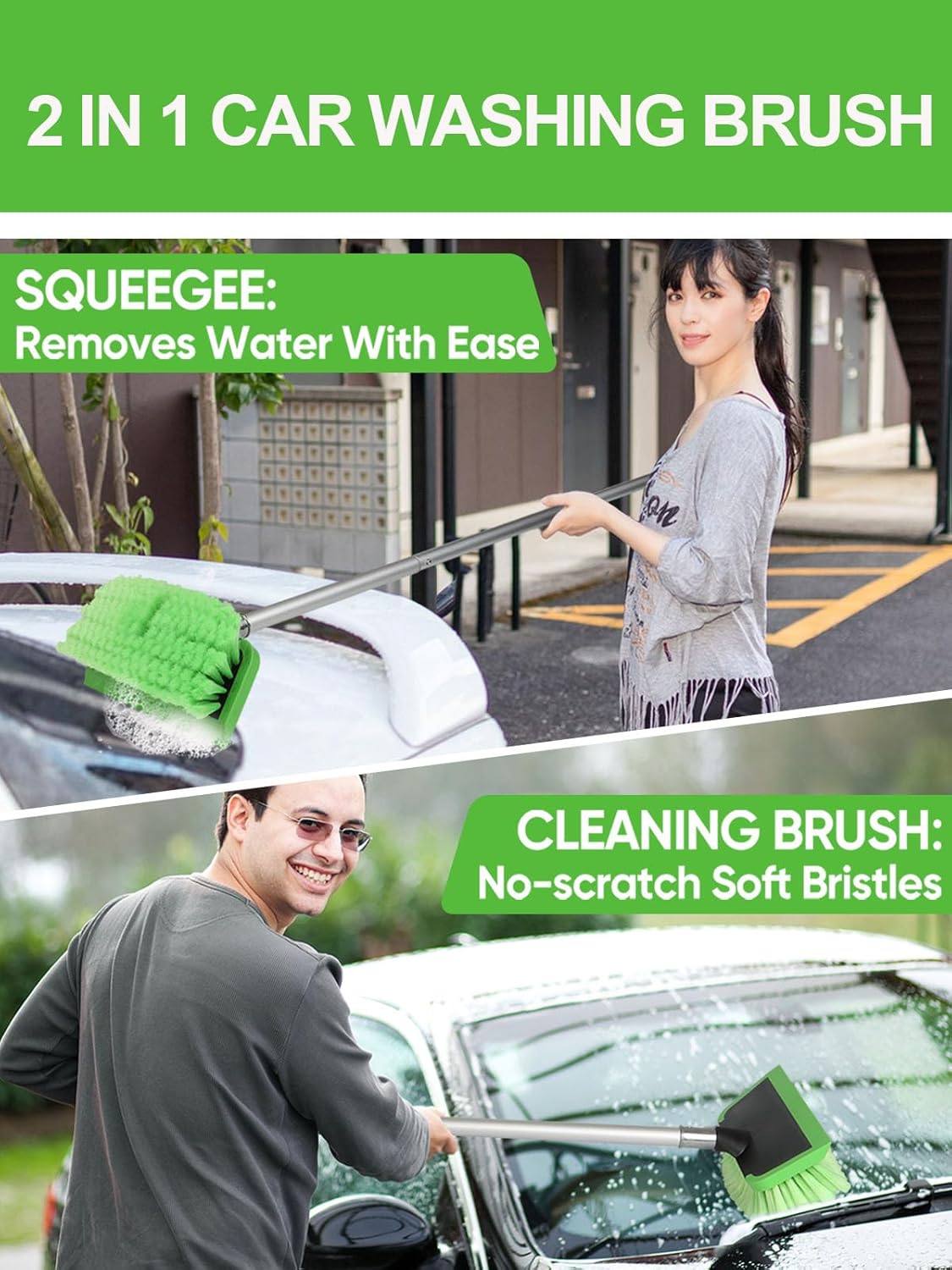 2 in 1 Car Wash Brush with Squeegee PBT Soft Bristle Truck Scrub Detail Brush 60” 151cm with Adjustable Long Handle for Interior Exterior Car Truck RV Boat Deck House Siding Cleaning Sweep Snow