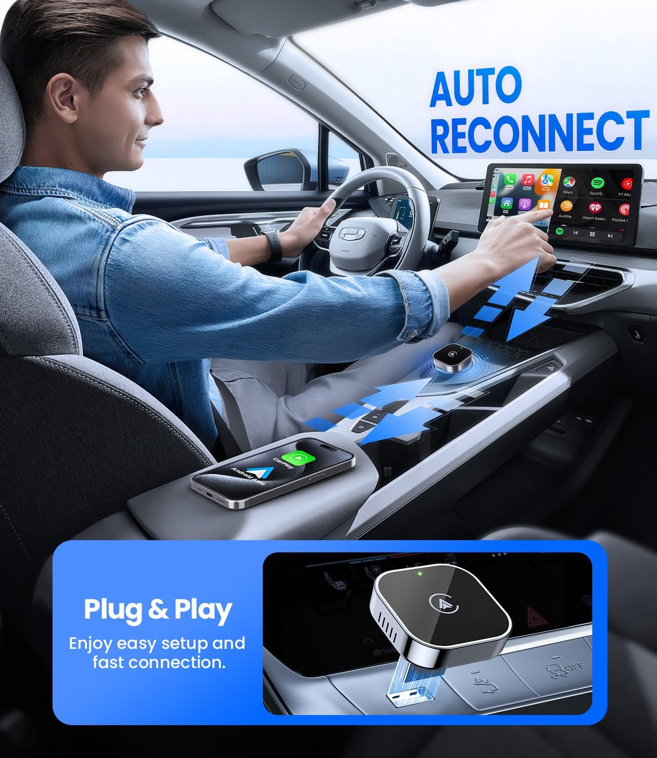 Teeran 2 in 1 Wireless CarPlay and Android Auto Adapter, Easy Setup Plug and Play, Fast Seamless Use Supports 1000+ Car's with Built-in Wired Car Play/Android Auto, Compact Sleek Design Car Adapter