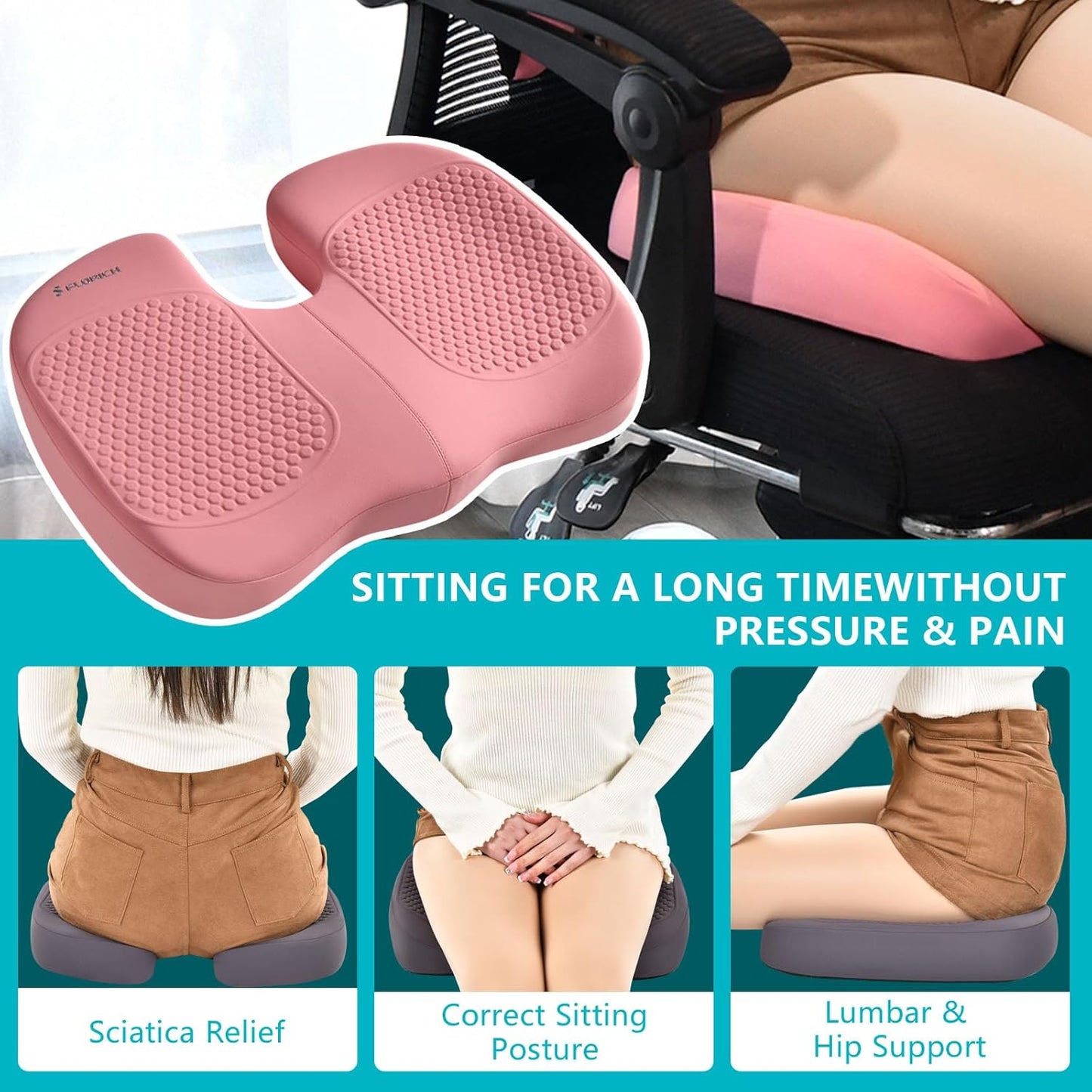 FLORICH Car Seat Cushion and Back Support for Office Chair Memory Foam Chair Cushions Pressure Relief Seat Pads with Gel Massage Point Lumbar Support (Pink)