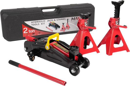 2-Ton (4400 lbs) Hydraulic Low Profile Trolley Garage Service/Floor Jack with Blow Mold Carrying Storage Case and 1 Pair 2 Ton Jack Stands for Home and Workshop Vehicle Maintenance