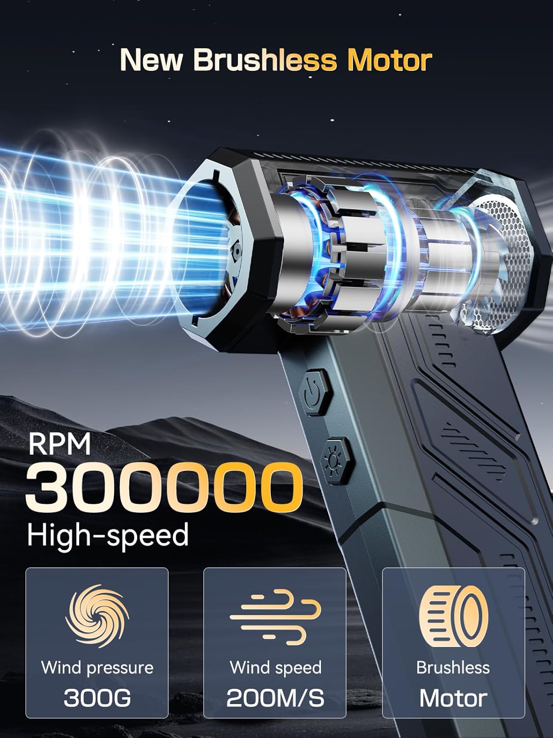 Electric Air Duster, 300000RPM 4-Gear Adjustable Compressed Air Duster with Light, Rechargeable Brushless Motor Air Blower for Keyboard, PC, Car, and Home Cleaning Reusable Replaces Compressed Air Can