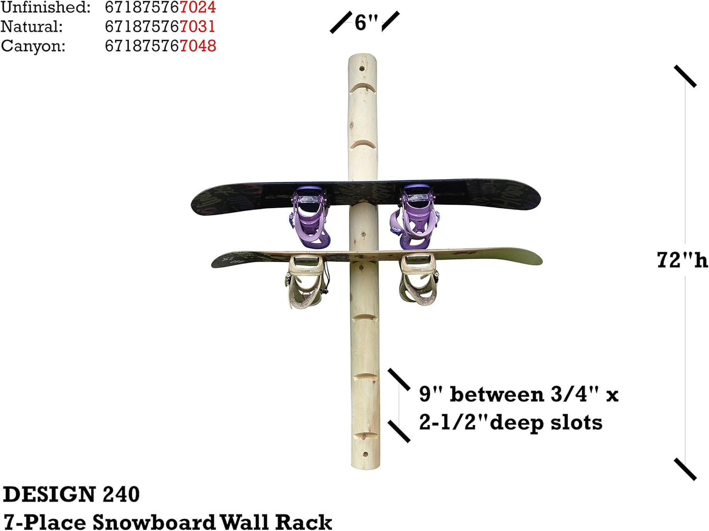 7-Place Wall-Mounted Snowboard Log Rack, Wakeboard Racks, Skateboard Holder Wall Mount, Vertical Snowboard Wall Mount Sport Storage for Garage, Skateboard Rack Walls, Wood Storage Racks - Natural