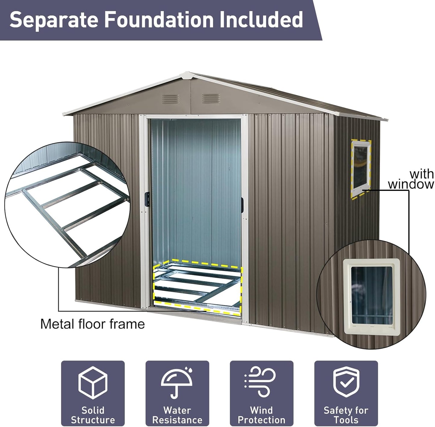 6x8 FT Outdoor Storage Shed, Metal Garden Shed with Frame Floor, Outside Tool Shed with Window, Waterproof Storage Building with Lockable Sliding Doors & Sloped Roof for Backyard, Patio, Gray