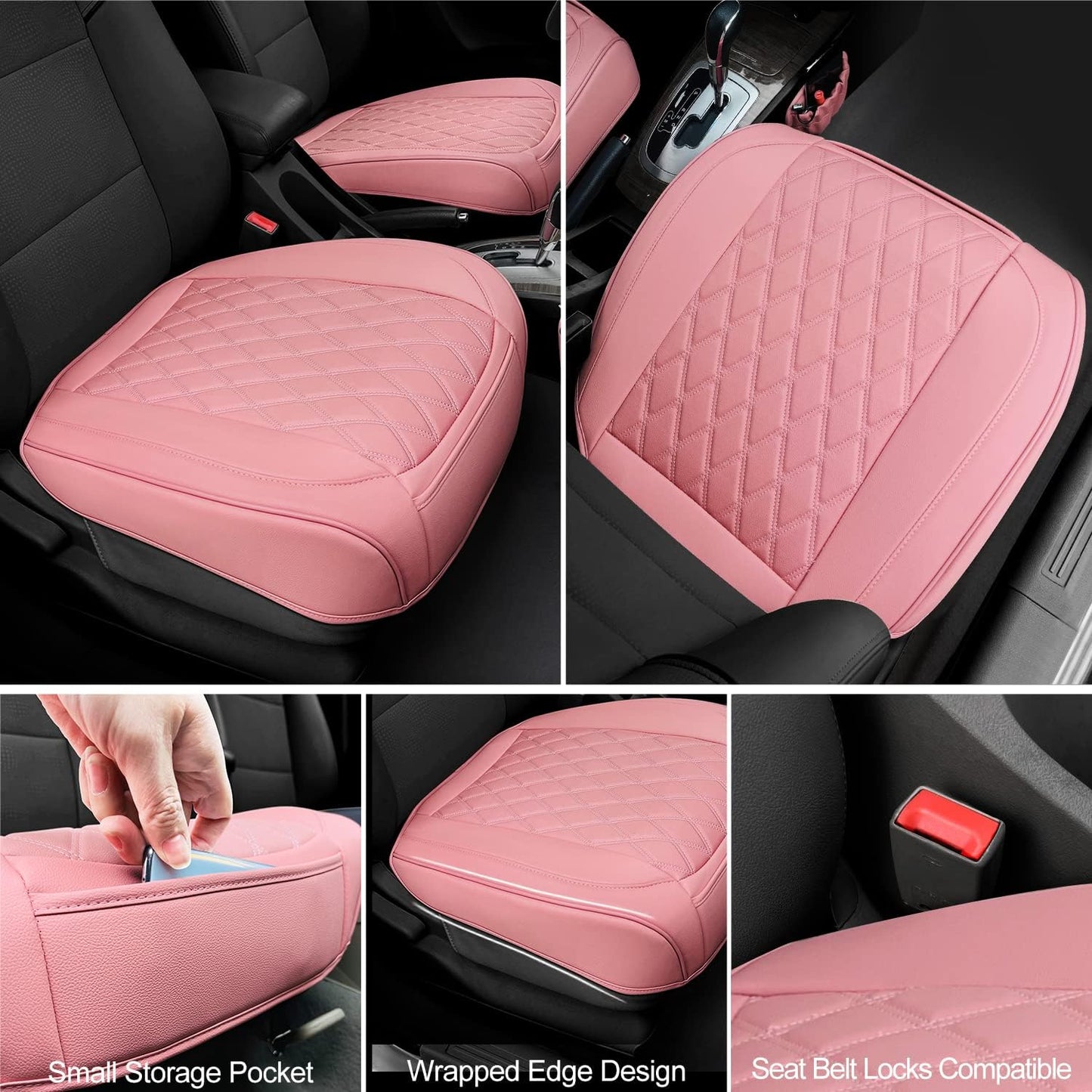 2 Pack Leather Front Car Seat Cover Bottom Car Seat, Anti-Slip and Full Wrap Driver Car Seat Protectors with Storage Pocket, Luxury Waterproof Bottom Auto Seat Cushion Pad Mat for Most Vehicles(Pink)