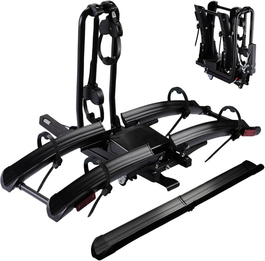 Foldable Electric Bike Rack Hitch Mount with Ramp for 2" Receiver, 2 Bike Rack for Car, Up to 4’’ Fat Tire, 136 lbs Capacity, with Locks, Tiltable, Wheels for Easy Transport