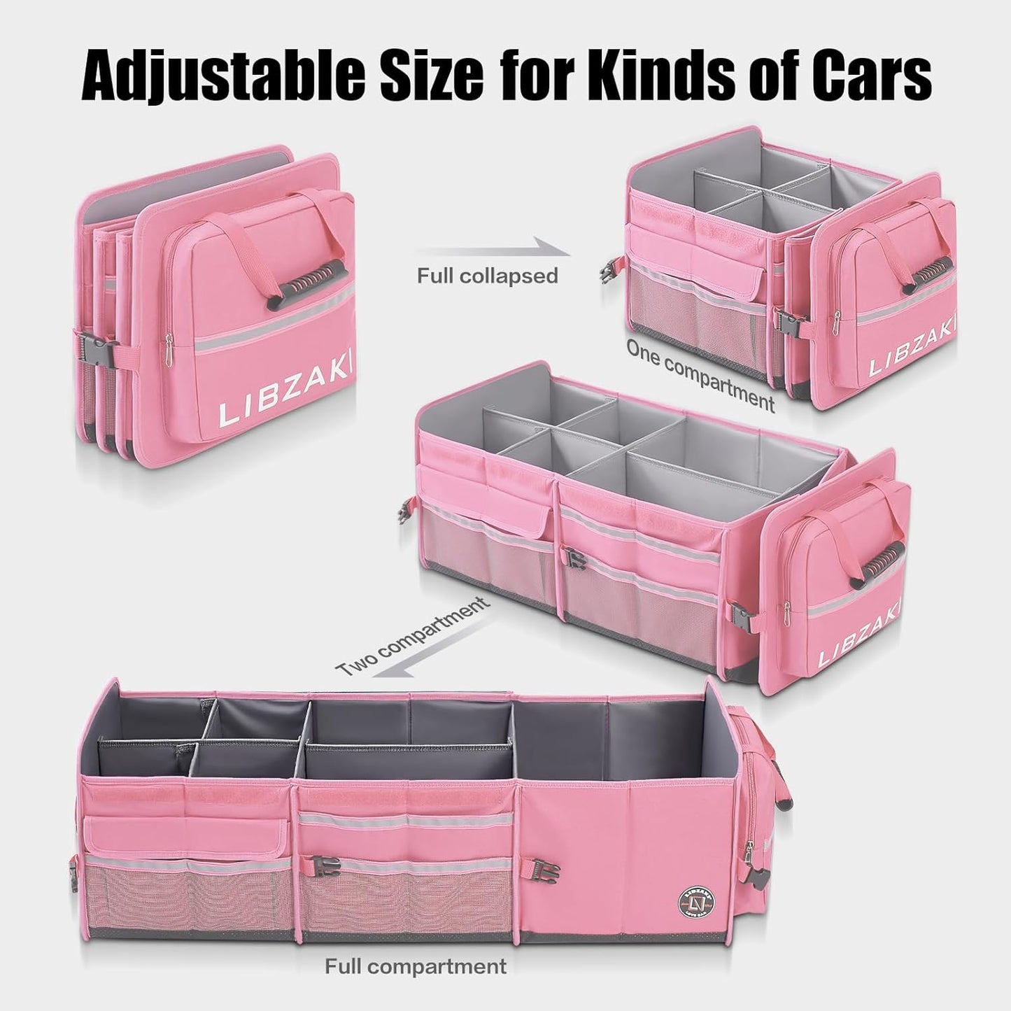 LIBZAKI Oversize 4 in 1 Car Trunk Storage Organizer, Multi Compartment Collapsible Trunk Storage Box with Cooler Bag for Car Truck SUV-Pink