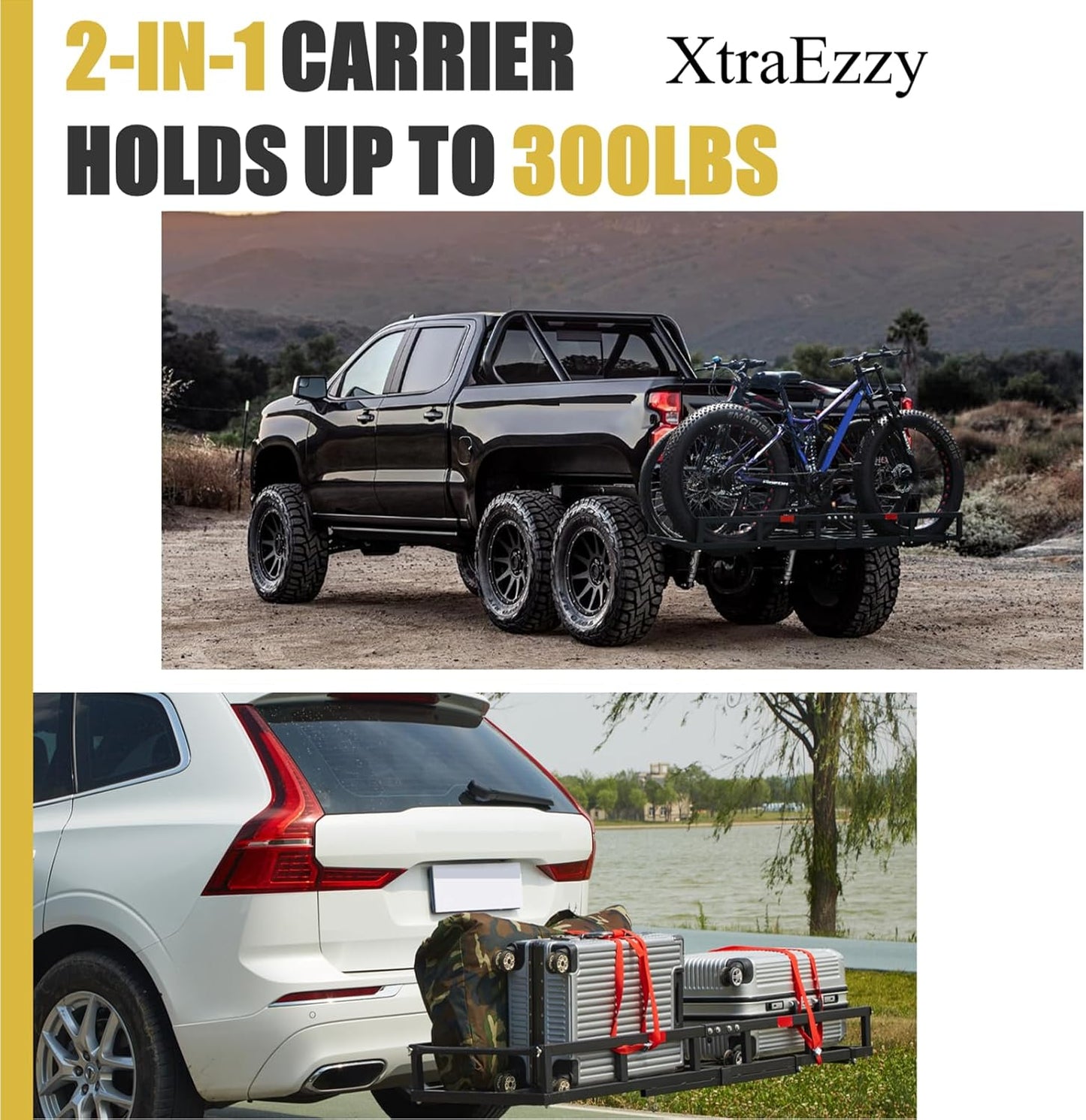 Hitch-Mount Bike Rack for Ebike Heavy-Duty - Comes with Cargo Carrier Fits 2 Electric Fat-Tire Mountain Bicycles Fits 2" Receiver for Car Trailer SUV Truck RV Minivan (Gold)