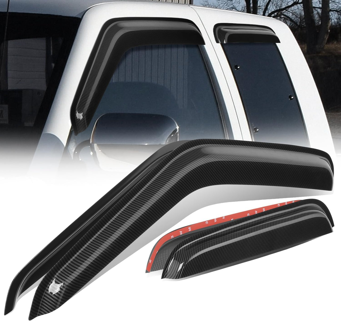 Auto Dynasty Set of 4 Carbon Fiber Pattern Window Visors Compatible with 1988-2000 Chevy GMC C1500 C2500 C3500 K1500 K2500 K3500, Tape-On Rain Guards Shield Vent Shade Deflector Glossy Black