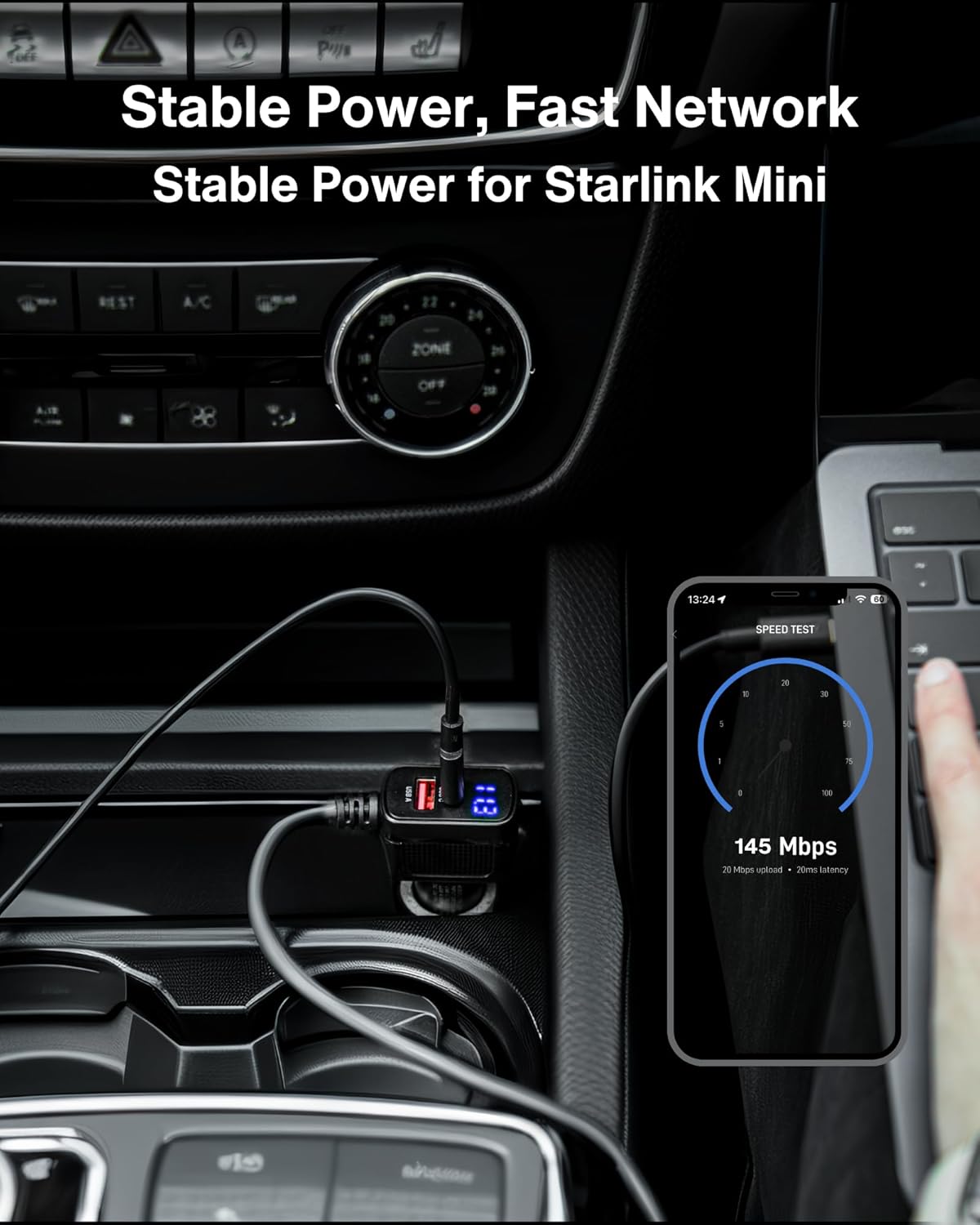Car Charger Cable for Starlink Mini 10FT with Display - 12-24V Cigarette Lighter to DC Power Cable, 60W DC + 33W Dual USB-C/USB-A Adapter for Trucks, RVs & Boats, 18AWG Cord with Voltage Monitoring