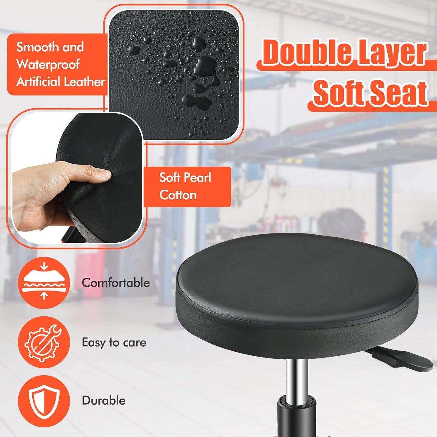 Adjustable Mechanic Rolling Stool, Pneumatic Rolling Stool with Wheels, Tool Storage Tray & Padded Seat Cushion, Garage Stool Chairs Creeper Seat (Red)