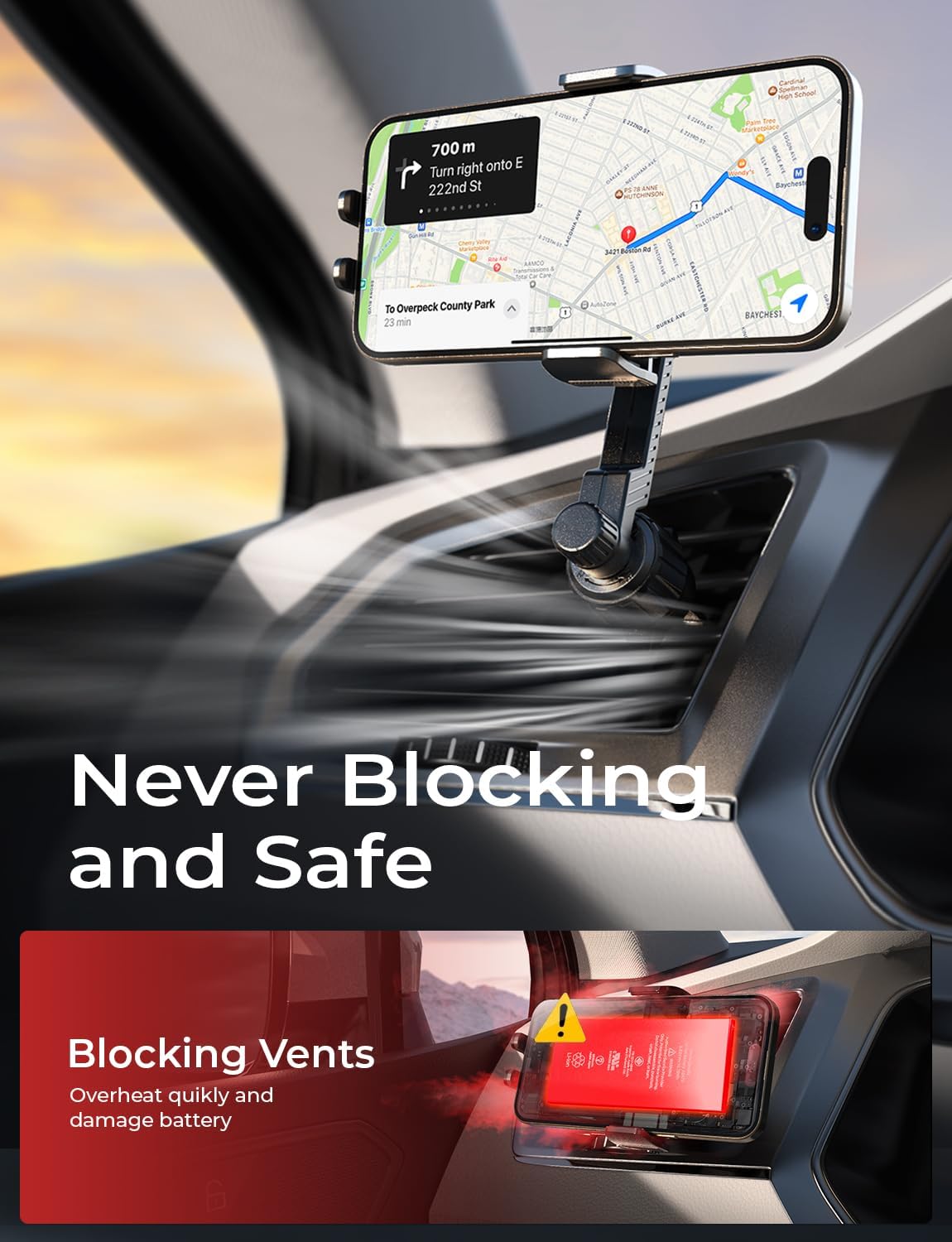 LISEN Back to School Phone Mount for Car Vent [Never Blocking] 360 Rotatable Car Phone Holder Air Vent Clip Hands Free Cellphone Car Mount for iPhone 16 Pro Max Plus 16e 15 14 Samsung Android, Black