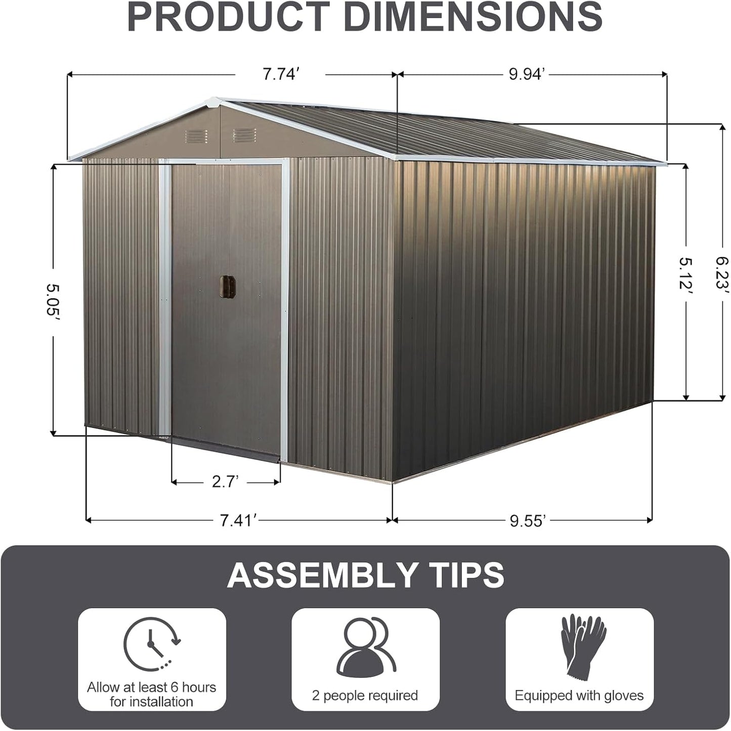 8x10 FT Outdoor Storage Shed, Metal Garden Shed with Frame Floor, Outside Tool Shed with Lockable Sliding Doors, Waterproof Storage Building with Sloped Roof for Backyard, Patio, Lawn, Gray