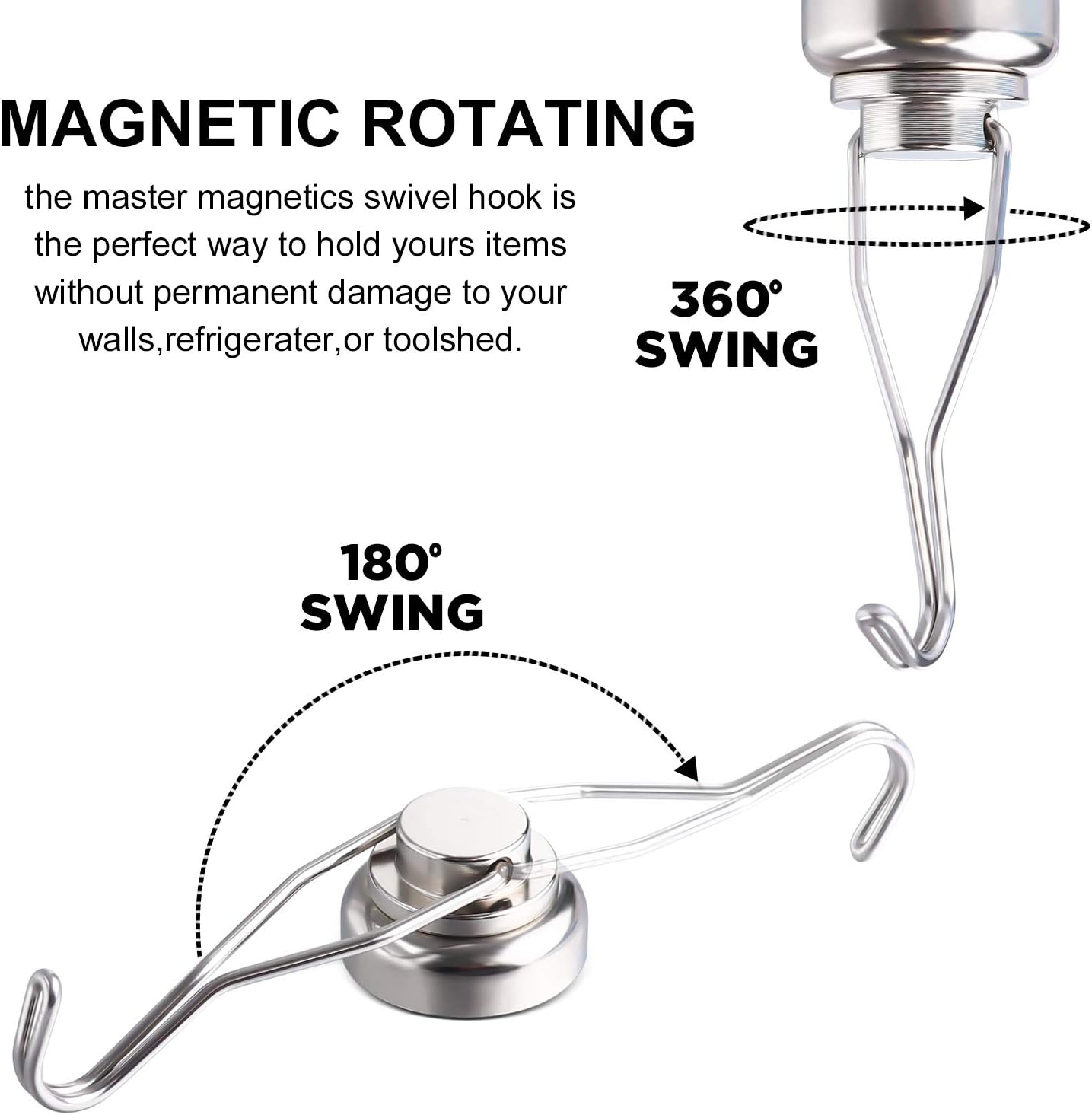 MIKEDE Magnetic Hooks Heavy Duty, 60 lb+ Strong Swivel Swing Neodymium Magnetic Hooks for Hanging, Strong Magnet Hanger for Cruise Cabins, Locker, Toolbox, Home, Kitchen - Pack of 10