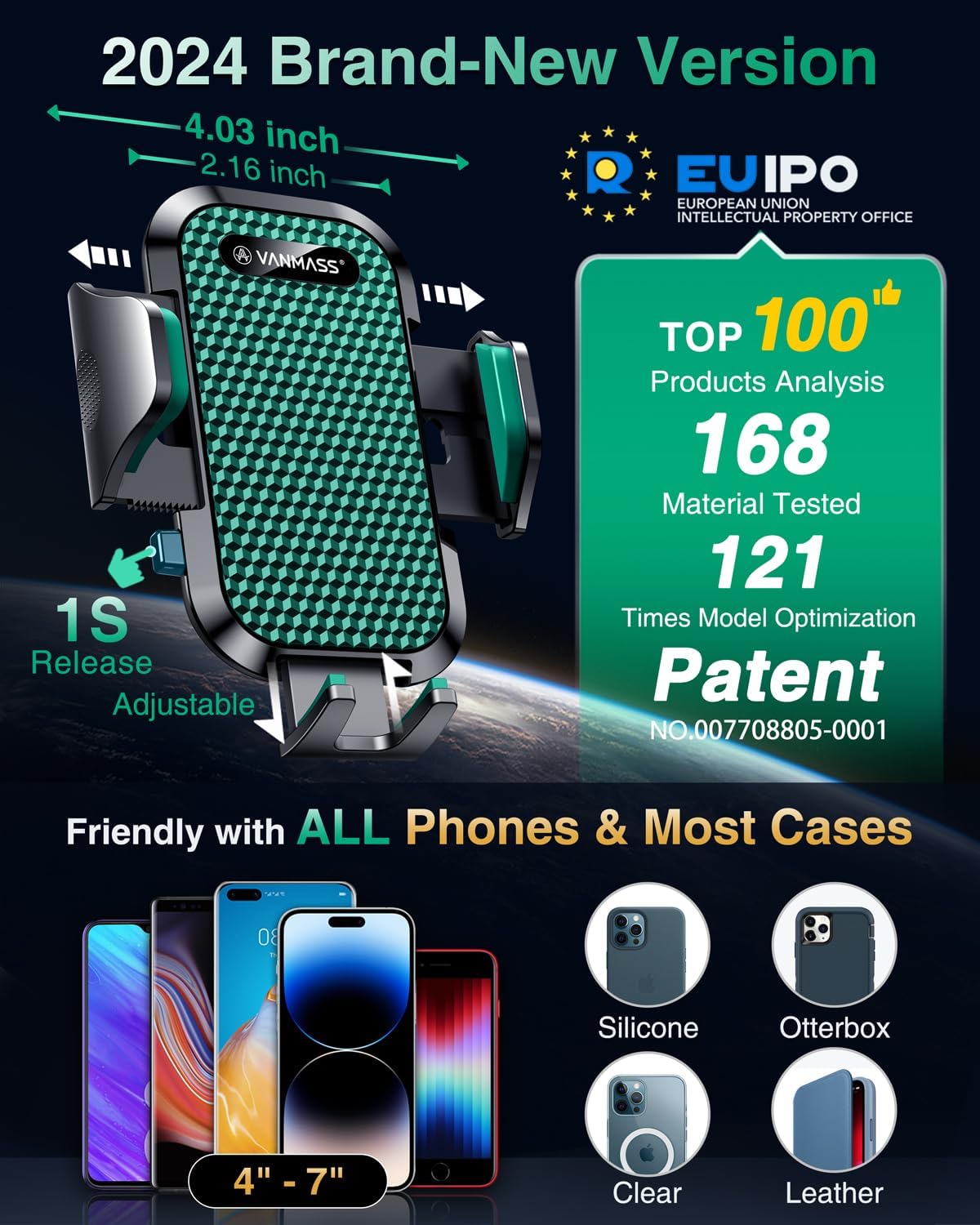 VANMASS [True Military-Grade] Car Phone Holder [Strongest Suction & Clip] Cell Phone Mount for Dashboard Windshield Vent Truck Accessories Cradle Dash Stand for iPhone 15 14 13 12 Android,Green