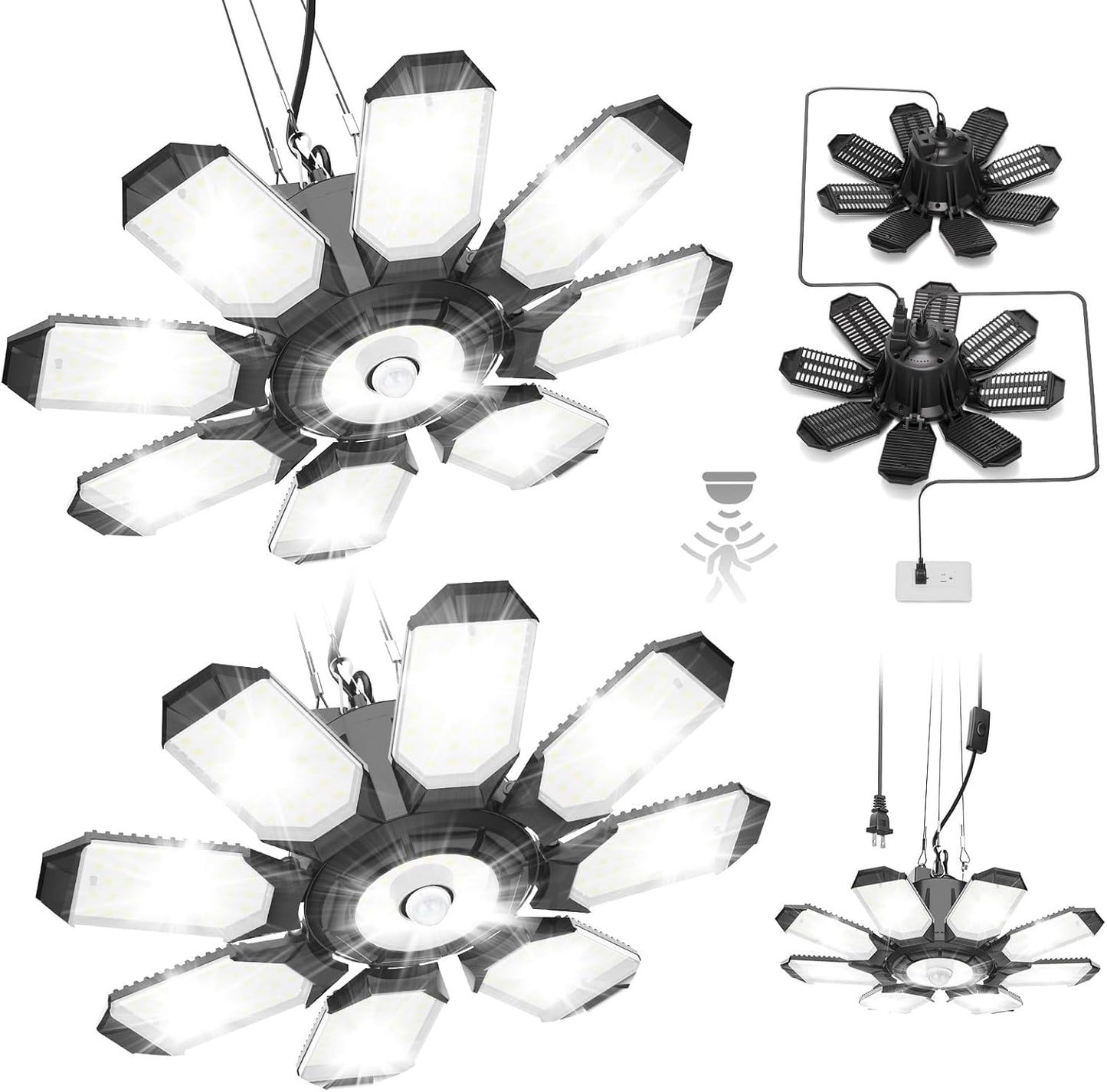 TANBABY 2 Pack Motion Sensor Garage Light, Deformable Garage Lights Ceiling LED Plug in Cord, Plug in Shop Lights with 8+1 Panels Bulb for Basement