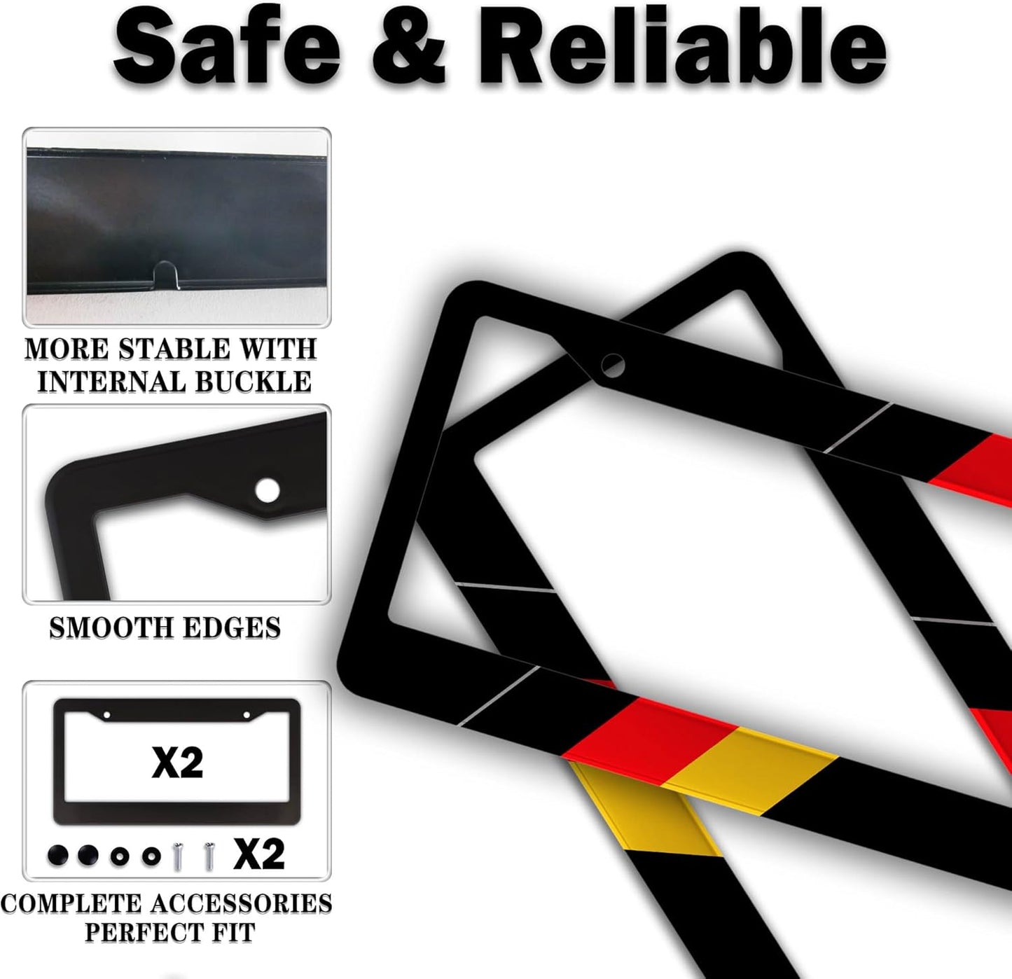 License Plate Protector Black, Yellow, and Red License Plate Frames German Flag Aluminum Metal Car Accessory 2 Pack with Screw Covers Set
