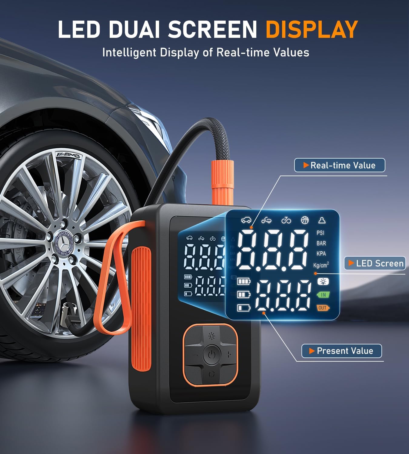 Tire Inflator Portable Air Compressor, 180PSI & 15000mAh Cordless Air Pump for Car Tires with Pressure Gauge, 3X Faster Tire Pump with Cigarette Lighter Plug for Car, Motorcycle, Bicycle, Ball(Black)