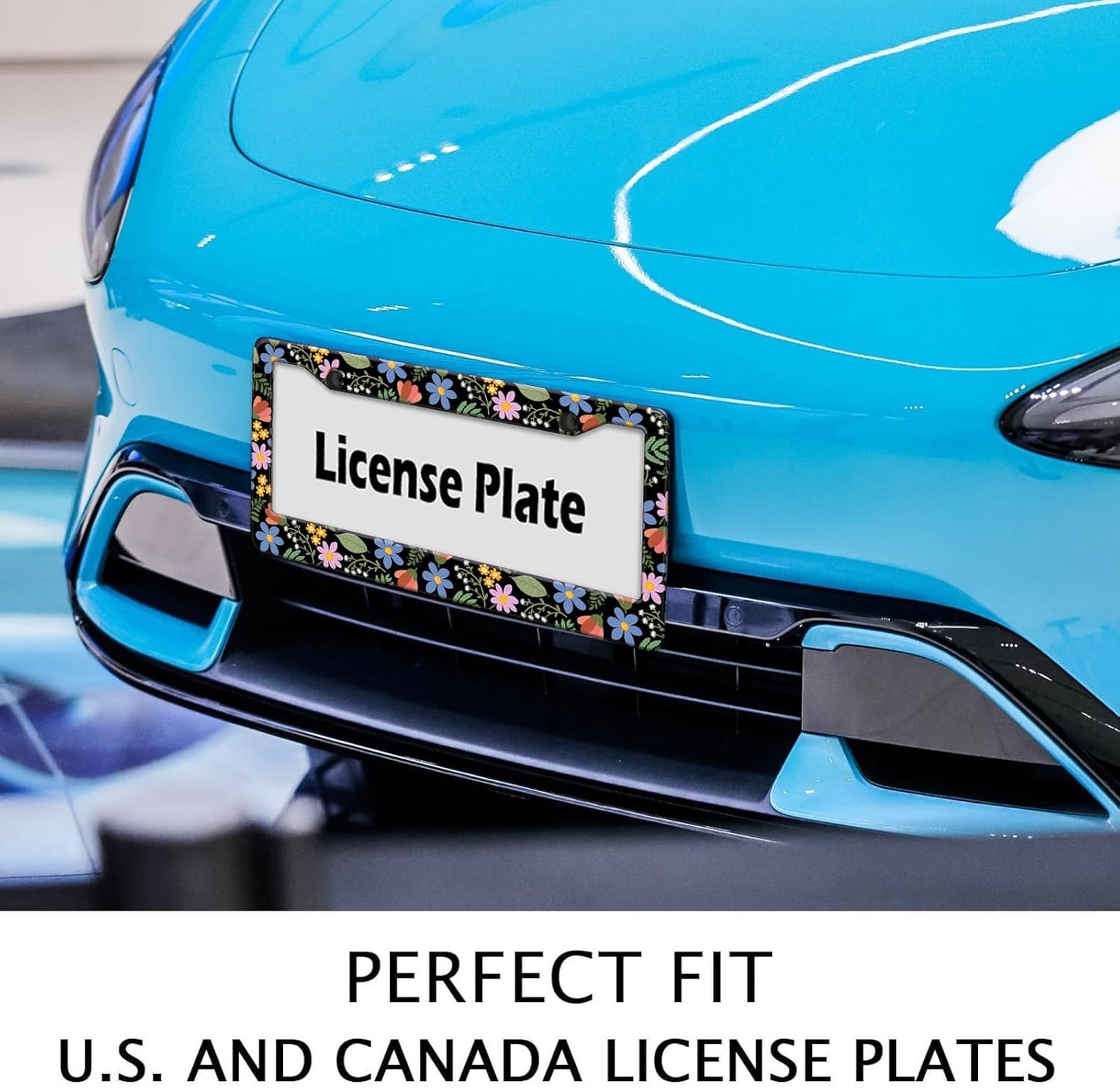 Florals License Plate Frame for Women, Blue Flowers License Tag Frames Holder Covers, Metal Aluminum Rustproof Car Accessories for Us Canada Standard, Girly Car Decorative with 2 Holes and Screw Caps