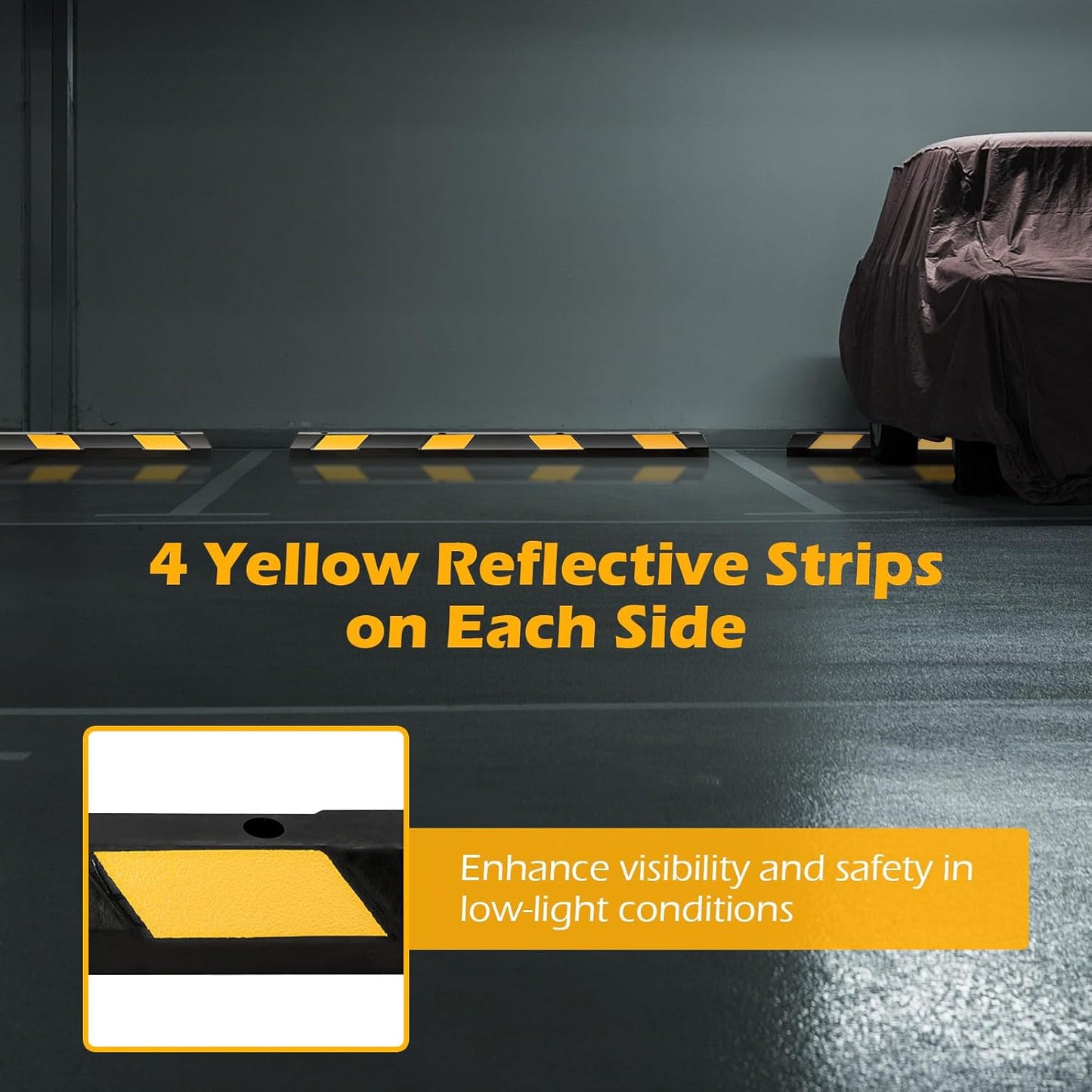 Rubber Parking Curb Garage Floor Stopper, 72" Heavy Duty Parking Lot Stopper with Yellow Reflective Stripes, Guide Wheel Stopper for Car, Truck, RV, Trailer, Driveway (6 Pack)