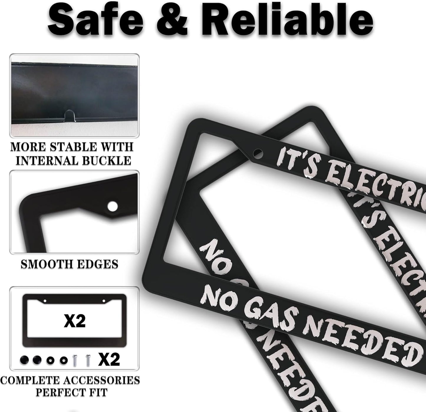 License Plate Cover Black and White License Plate Frames It’s Electric No Gas Needed Universal Aluminum Car Accessory 2 Pack with Screw Covers Set