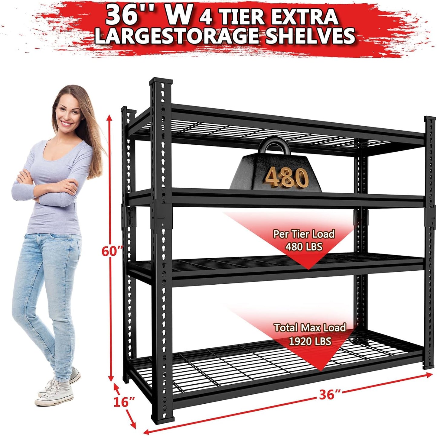 Storage Shelves, Garage Shelving Heavy Duty 1920LBS Capacity, 36"L x 16"W x 60"H Adjustable Metal Shelving Organizer Wire Rack, 4 Tier Utility Shelf Unit for Pantry Closet Warehouse Organization