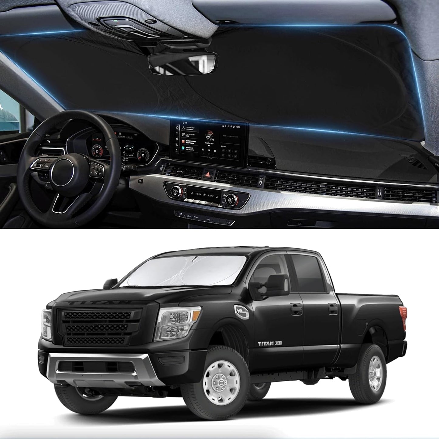 Custom Fit Titan Windshield Sunshade for 2020-2023 2024 2025 Upgrade Nissan Titan Front Window Sun Shades Shield Cover for Windshield Foldable 210T Sun Visor Protector Blocks UV Ray Car Accessories