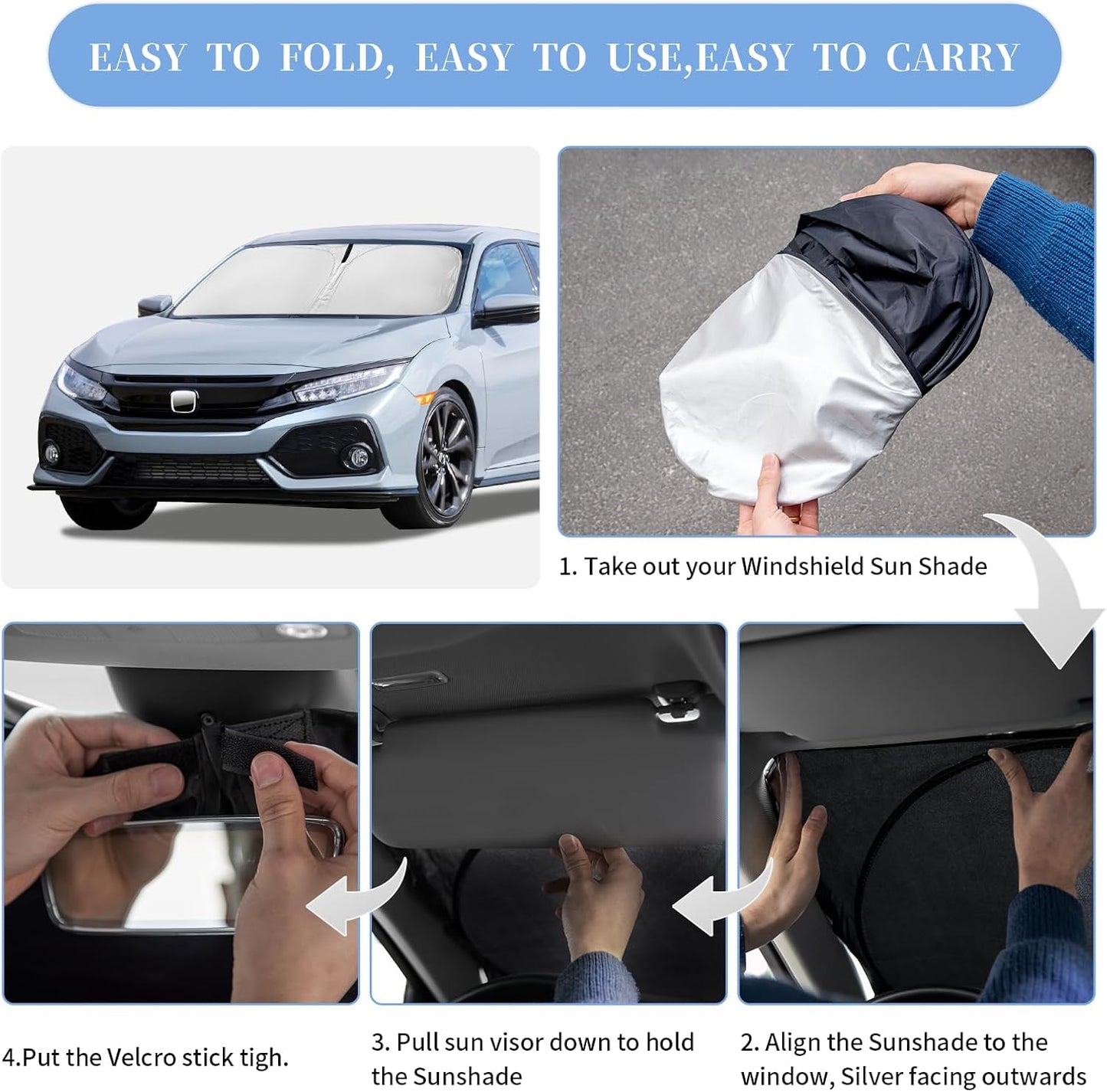 for Honda Civic 2016-2021 Sun Shade Sunshade Windshield Cover, 4-Layer Front Window Shade Custom Fit Civic Sedan, Coupe, Hatchback, LX, EX, EX-L, Sport,Touring, Si Sun Visor 240T Shade