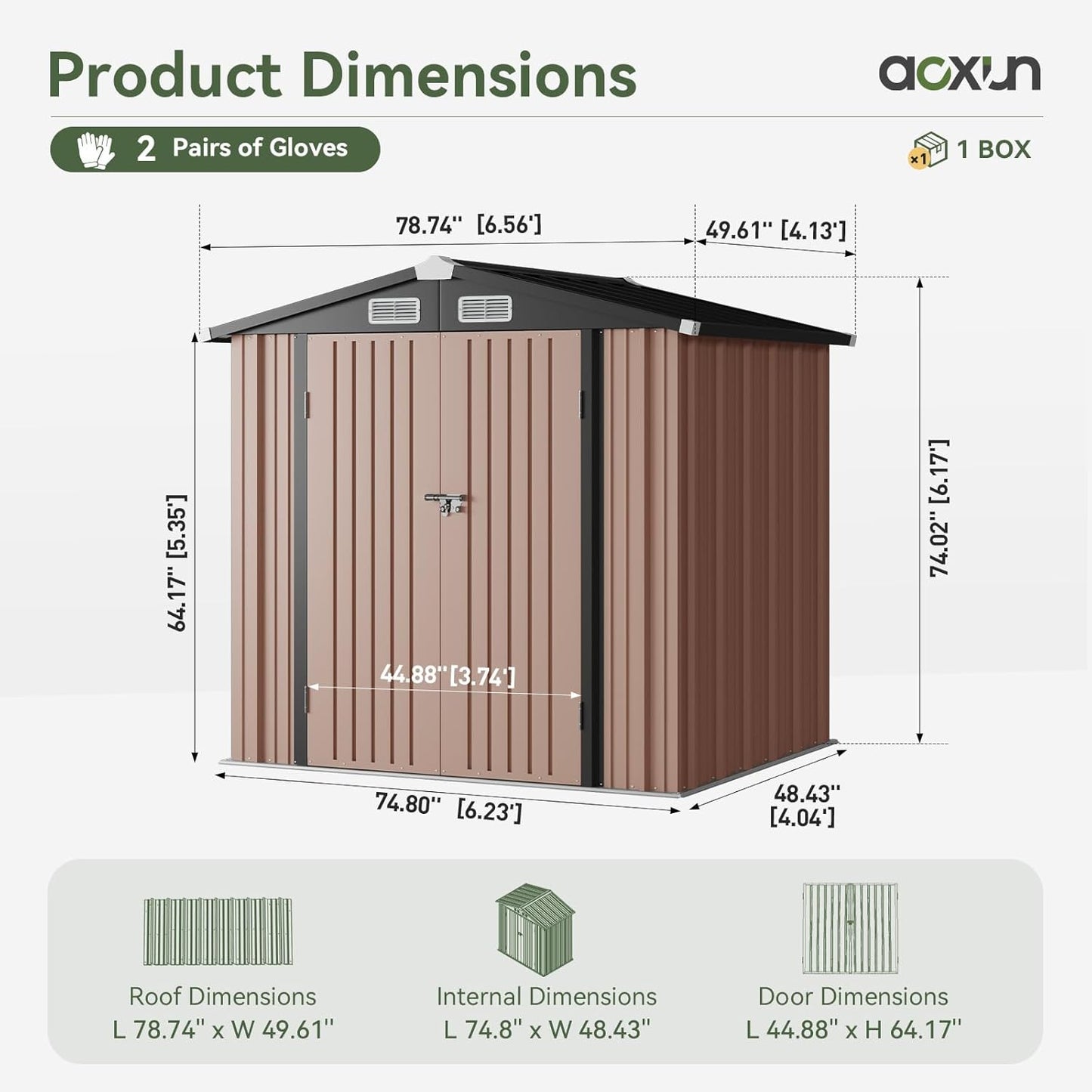 Aoxun 6.2x4 FT Shed Outdoor Storage Shed with Lockable Doors & Slooping Roof Metal Garden Tool Shed for Backyard, Patio, Poolside (Brown)