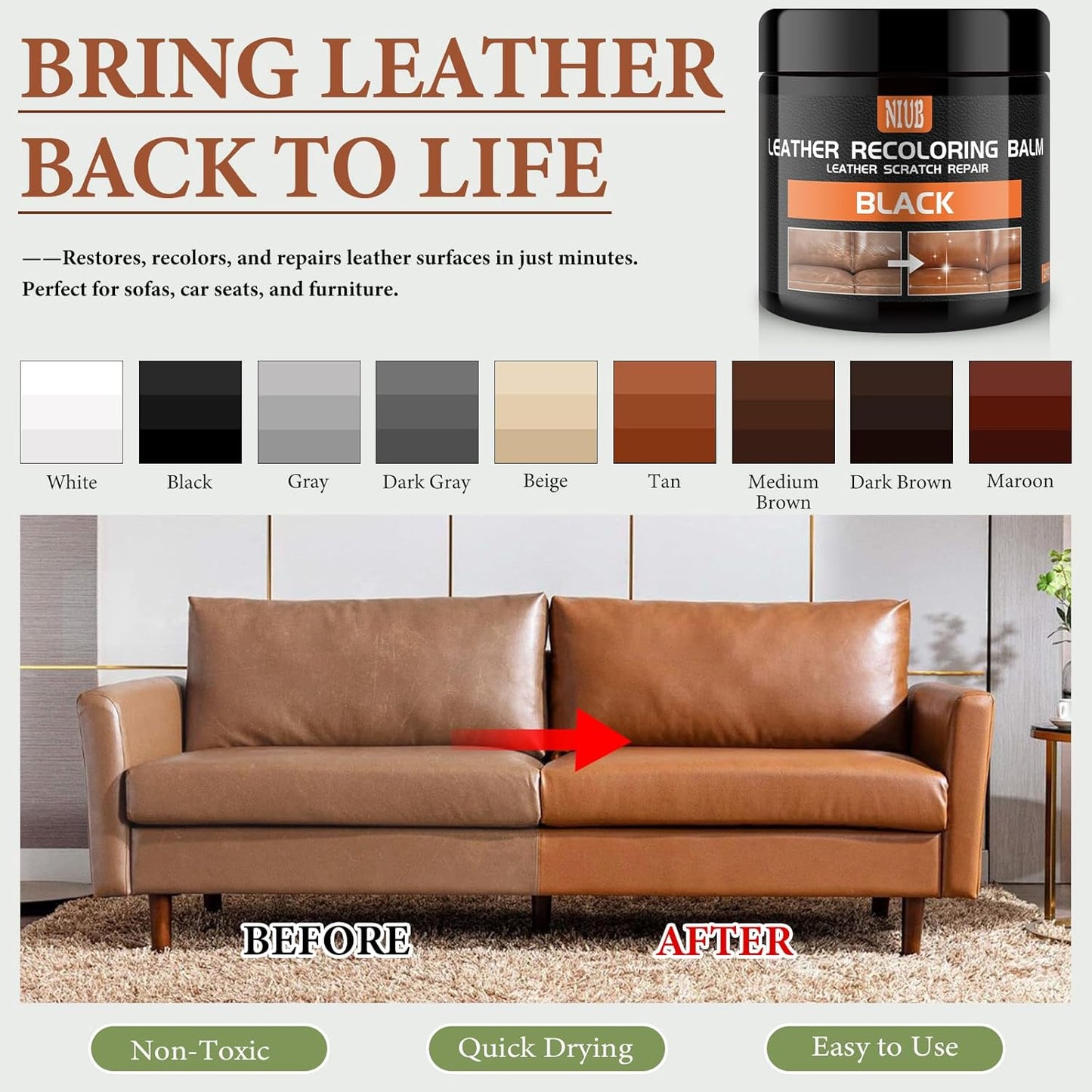 Leather Recoloring Balm Leather Color Restorer Scratch Repair Leather Paint for Furniture Couches Car Seats Shoes Bags Leather Dye and Scratched Leather with Leather Conditioner - White
