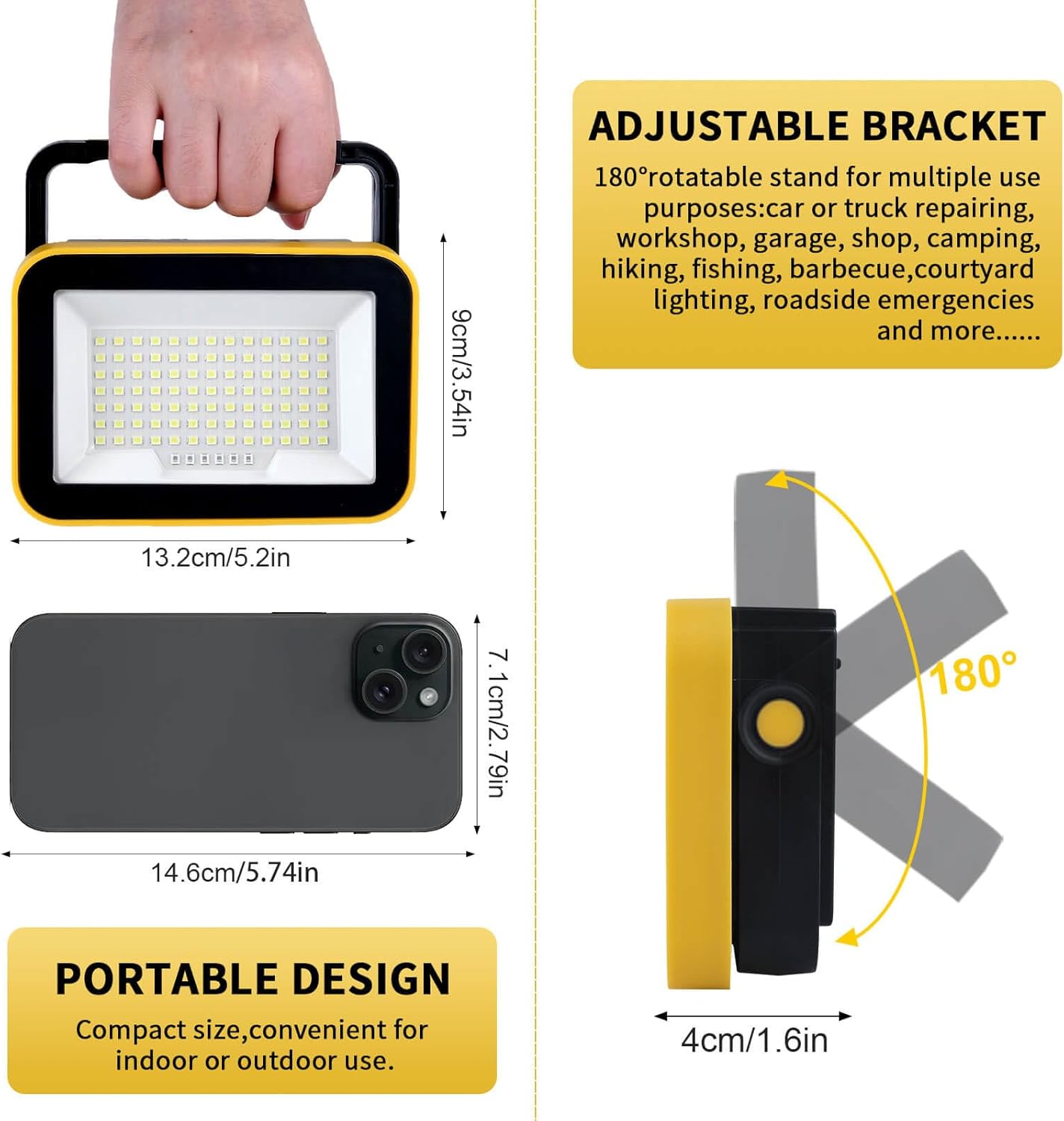 Rechargeable Work Light with Tripod Hole, 2-Pack LED Battery Work Lightings, 40W Waterproof Portable Flood Light Cordless Job Site Lighting 180° Rotate for Garage Camping Car Repairing