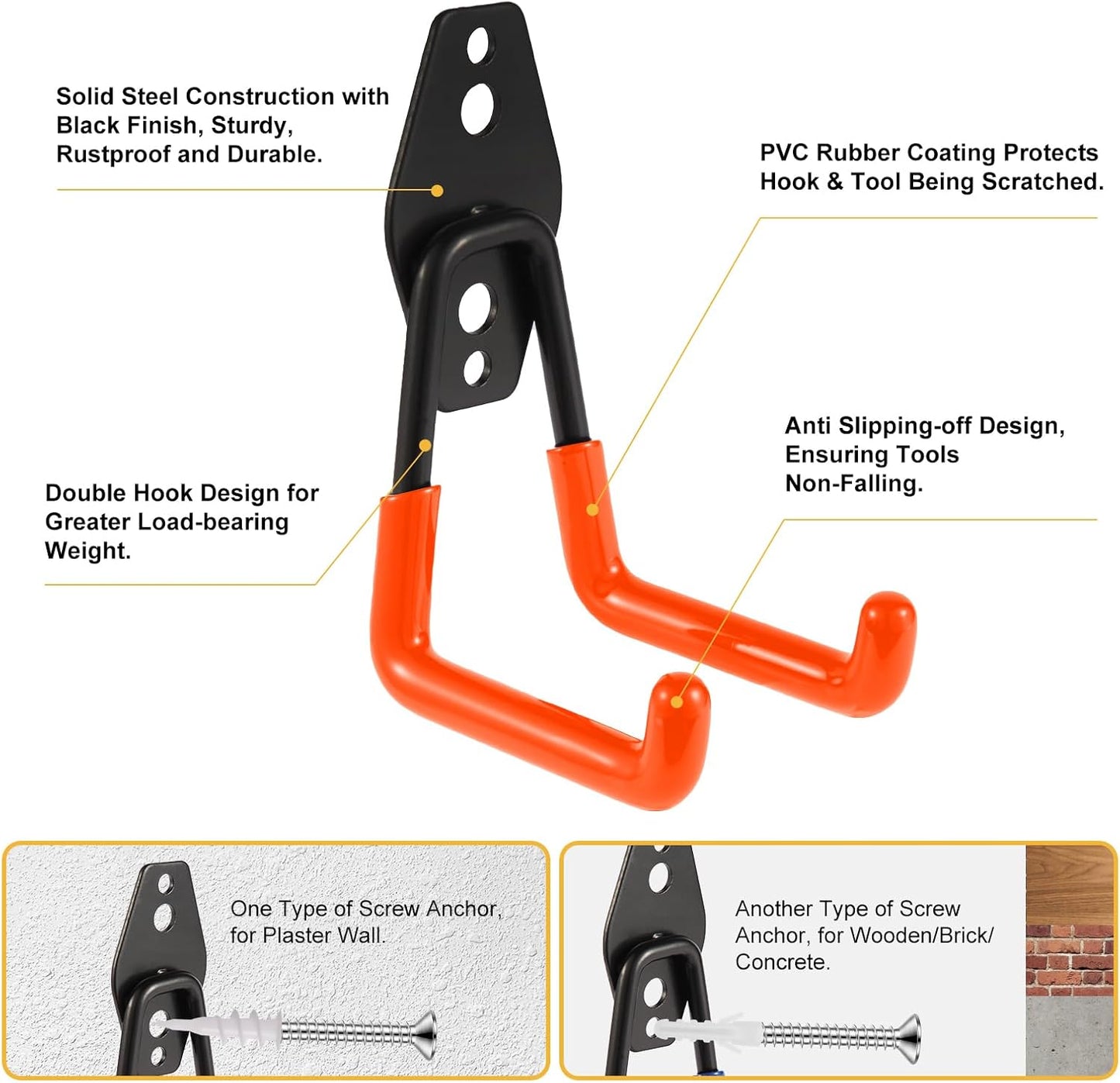 Steel Garage Hooks Wall Tool Organizer, 8 Pack Garage Storage Hook Heavy Duty Utility Storage Hangers Orange for Ladders, Ropes, Garden Tools