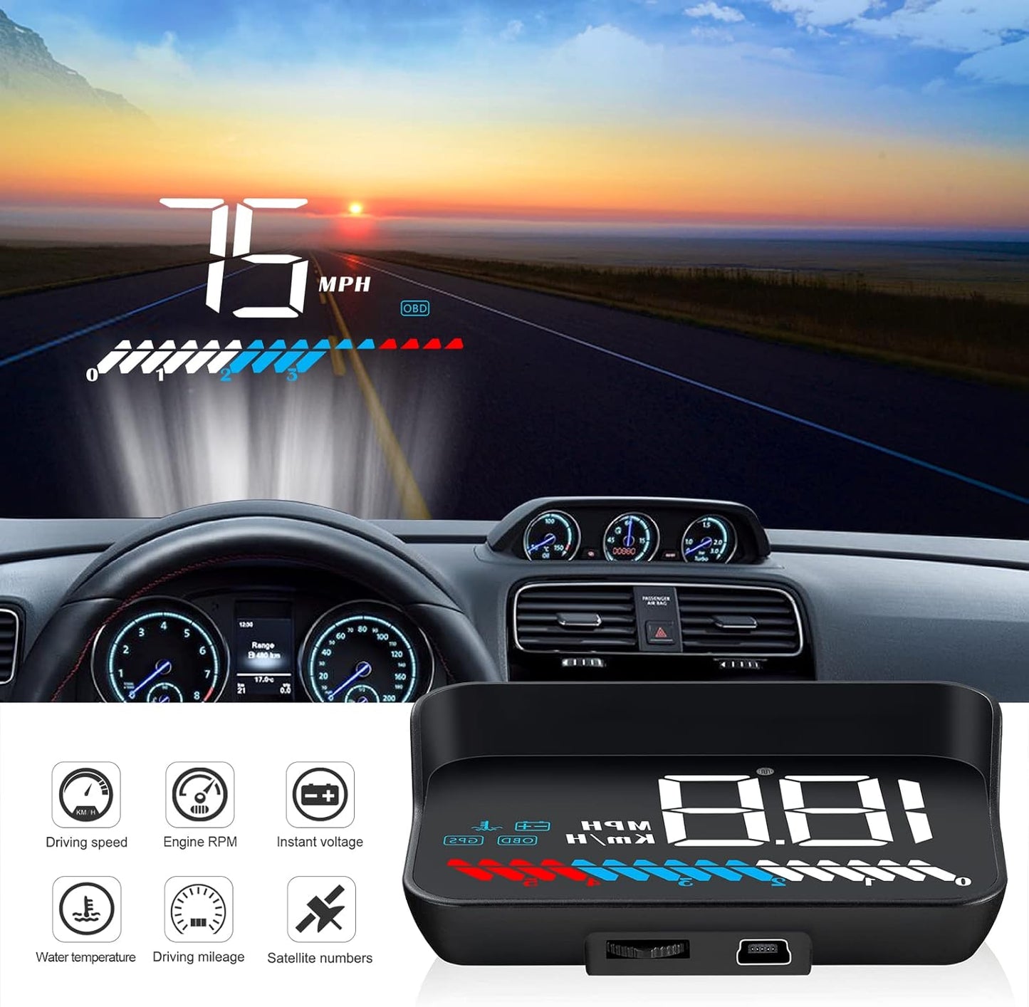 Heads up Display for Cars Car HUD M7, Digital Speedometer for Car OBD/GPS Smart Gauge, Driving Speed, Engine RPM, Voltage, Water Temperature, Etc.., Speedometer for Car Works Great for All Cars