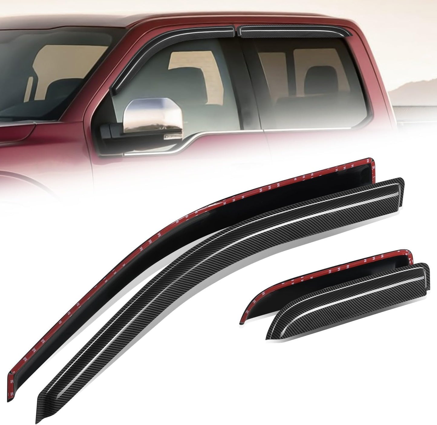 Auto Dynasty 4Pcs Carbon Fiber Pattern Window Visors Compatible with 2004-2014 Ford F150 Extended Cab 4-Door, Tape-On Front & Rear Window Deflectors Rain Guards Sun Air Side Vent Shade, Glossy Black