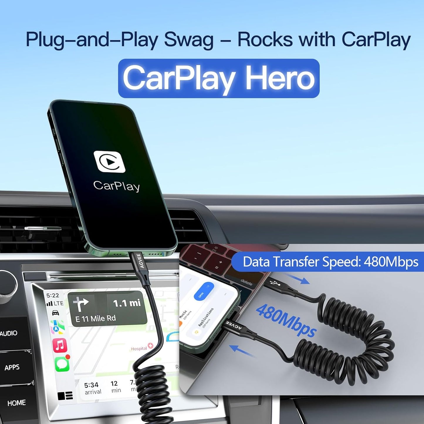 AGVEE 2 Pack 3ft Coiled Short USB-C to USB-C Charging Cable [USB-IF Certified] 60W PD Fast Charger Cord in Car for iPhone 16/15 CarPlay, Galaxy S25 S24 S23 S22 S21 S10 S9 S8, Google Pixel, Black