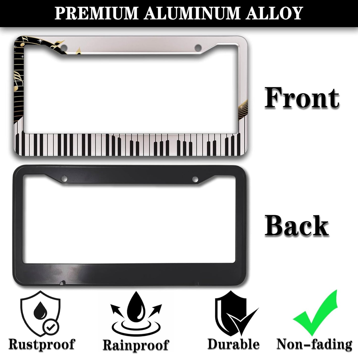 License Plate Bracket Black and White License Plate Frames Beautiful Piano Keys Music Notes Aluminum Metal Car Accessory 2 Pack with Screw Covers Set