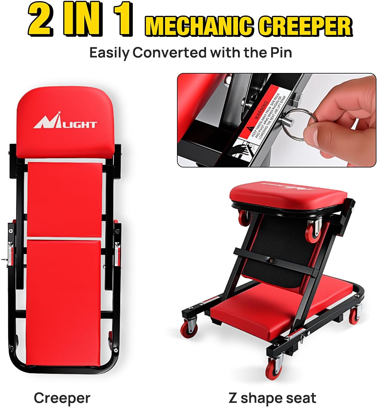 Nilight 40" Z Creeper - 2-in-1 Folding Rolling Mechanic Seat, 40 inches Adjustable Lay-Down or Sit Garage Chair, 330 lbs Capacity, Red Black