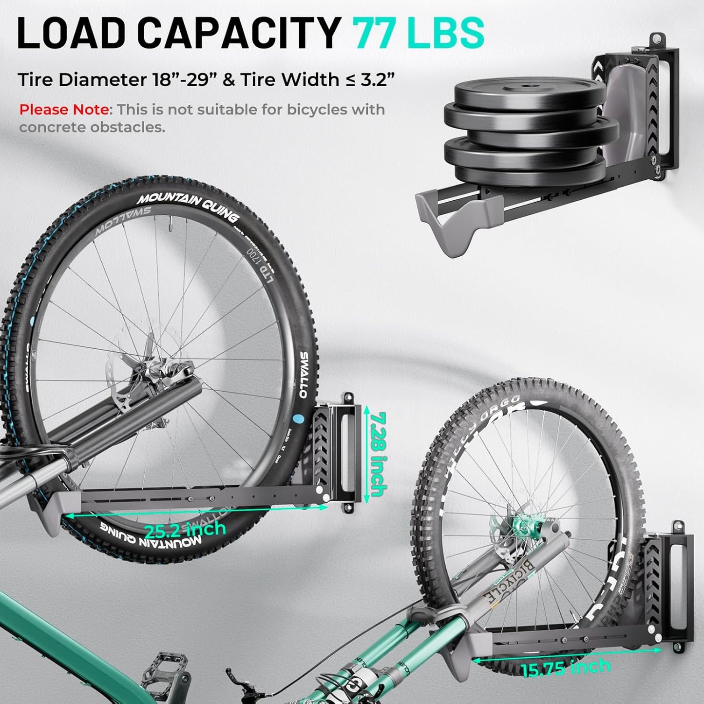 Swivel Bike Rack Wall Mount, Bike Hangers for Garage, Space-Saving Vertical Bike Holder, Holds up to 77 lbs, Bicycle Wall Hanger Storage, No Heavy Lifting Required Indoor Hanging Bike Rack-Gray