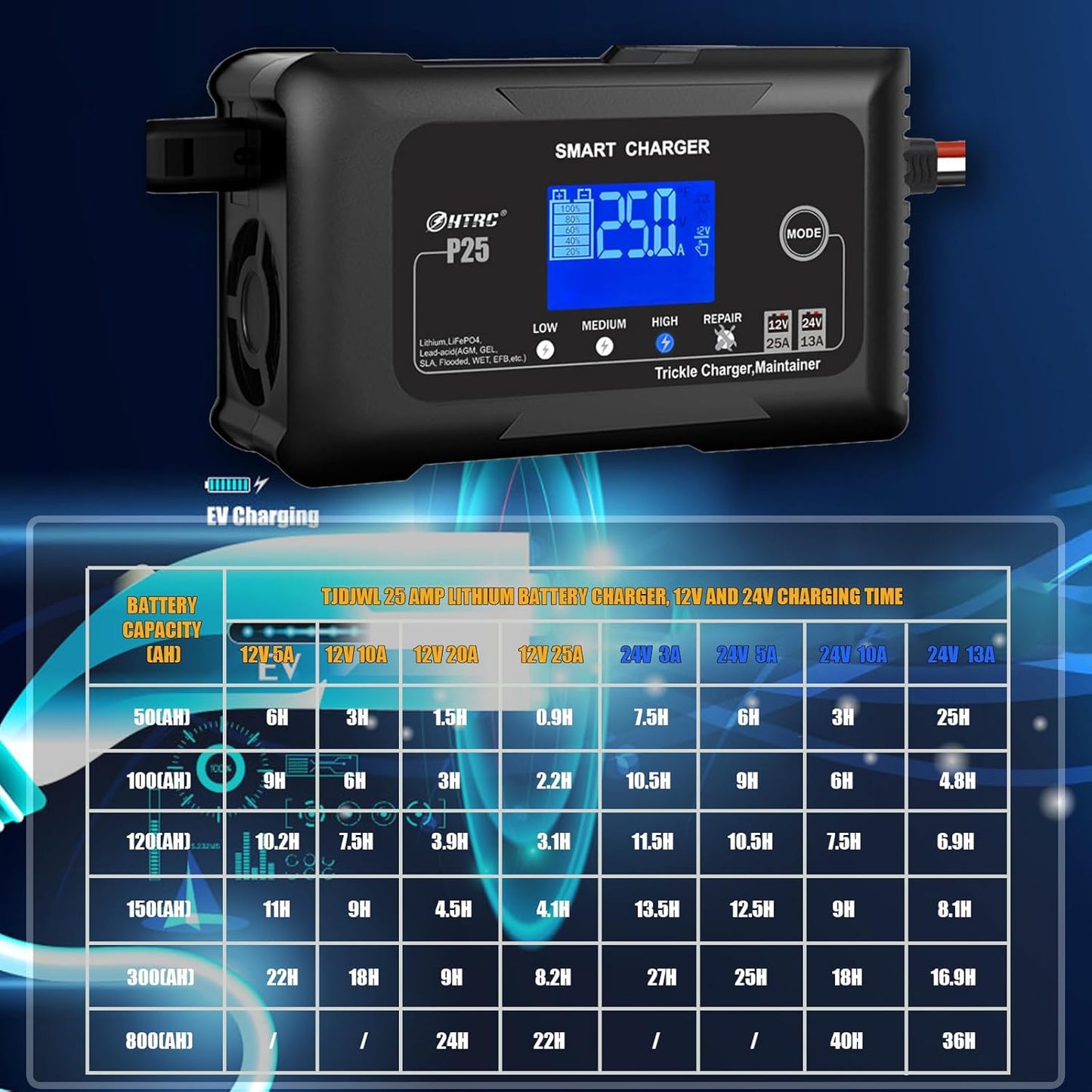 25Amp Lithium Battery Charger, 12V and 24V Lead-Acid (AGM/Gel/SLA) Battery Charger, Battery Maintainer Pulse Repair Charger Trickle Charger Battery Desulfator for Boat, Motorcycle, Golf cart