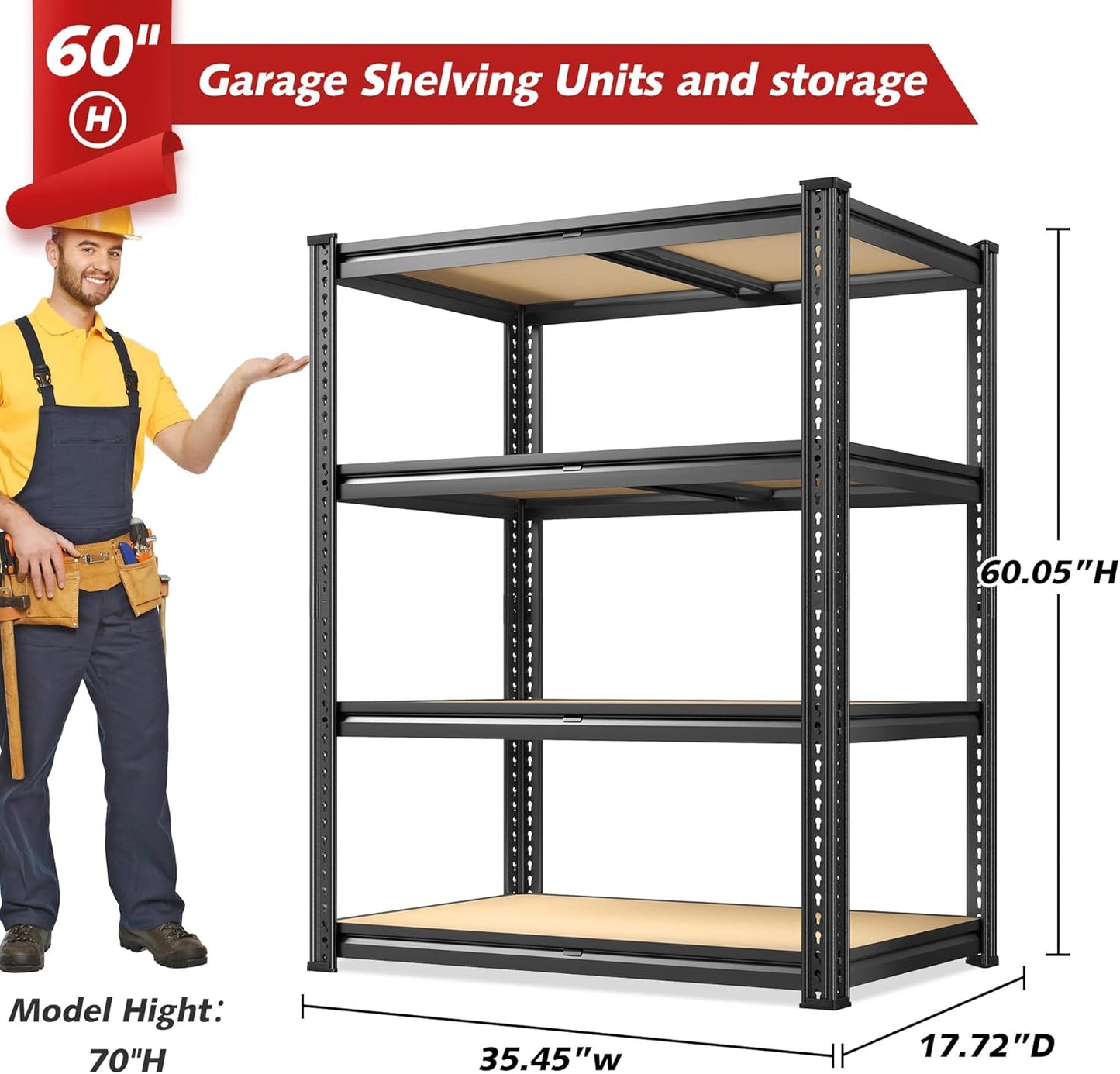 REIBII 60.05" H Storage Shelves 1840LBS Garage Shelving Heavy Duty Shelving 4 Tier Garage Shelves Adjustable Metal Shelf for Kitchen Basement Pantry Warehouse 35.45" W x 17.72" D x 60.05" H