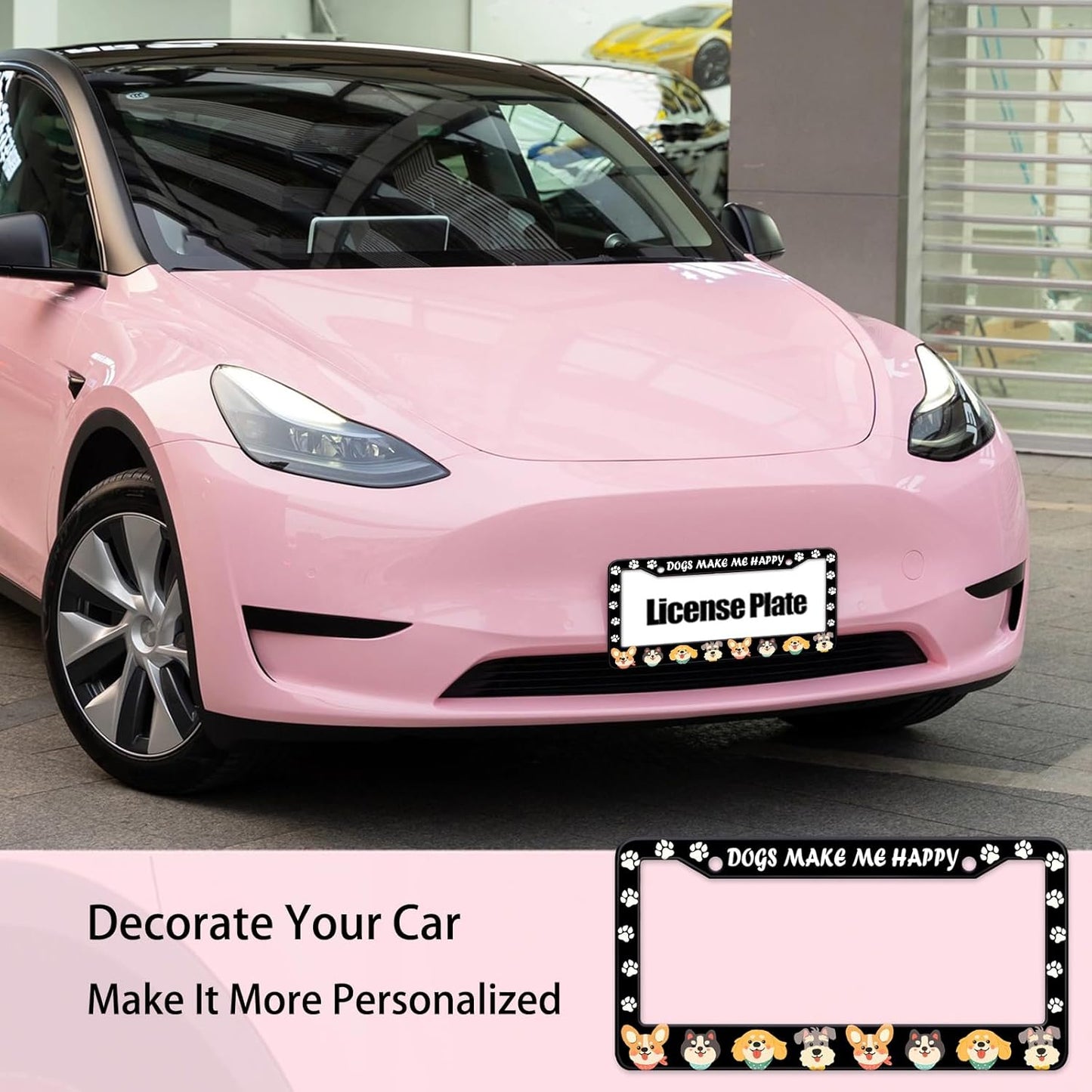 Dogs License Plate Frame, Lovely Puppies Dogs Paws Printed License Plate Holder Cover, Dogs Make Me Happy Metal Aluminum Rustproof Car Accessories for Women Men 2 Holes with Screw Caps