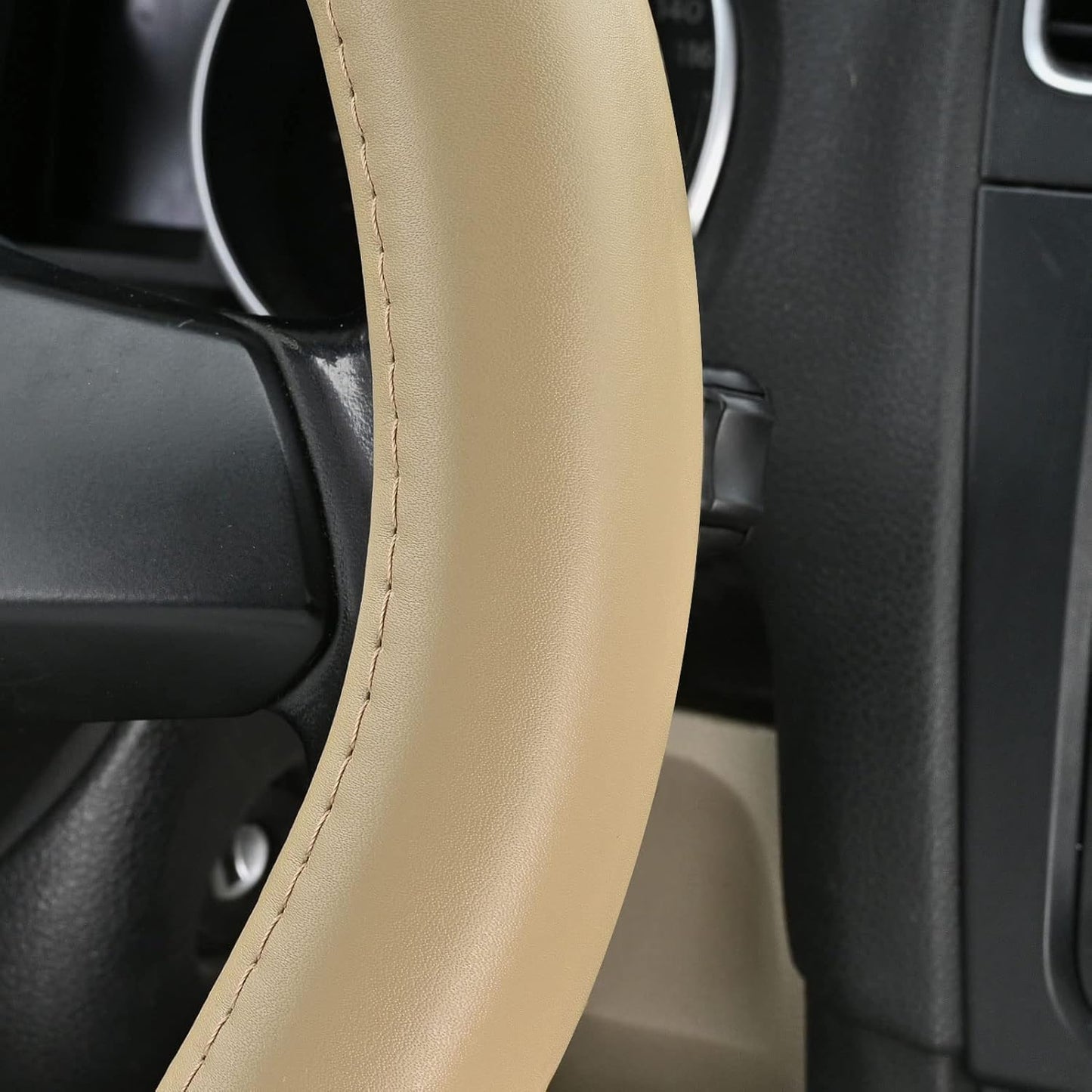 Haokay Heavy Duty Pure Cowhide Steering Wheel Cover SUV Car, Beige Genuine Leather Steering Wheel Cover Men Women Universal 14.5 to 15 Inch