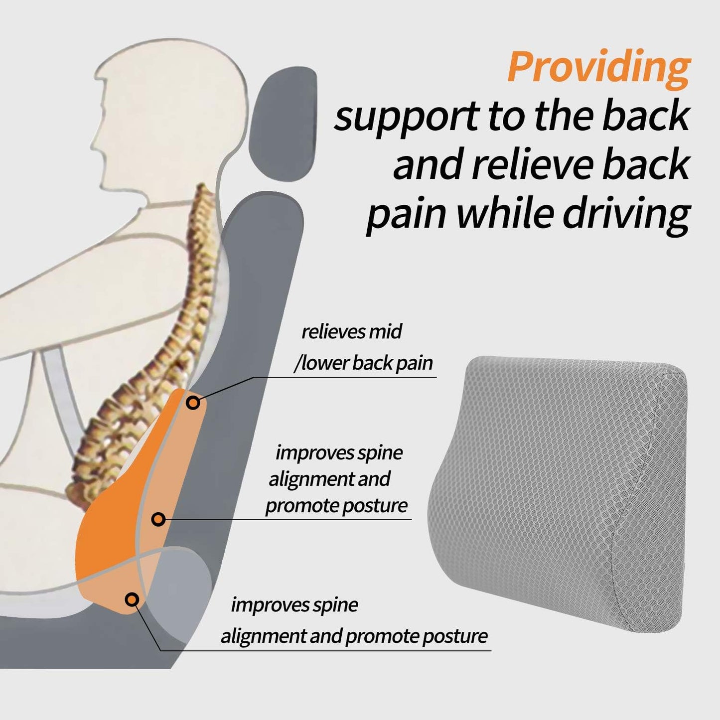Memory Foam Lumbar Support Pillow for Car - Lower Back Support Cushion for Driving, Back Pain Relief for Car Seat, Office Chair, Wheelchair (Gray)