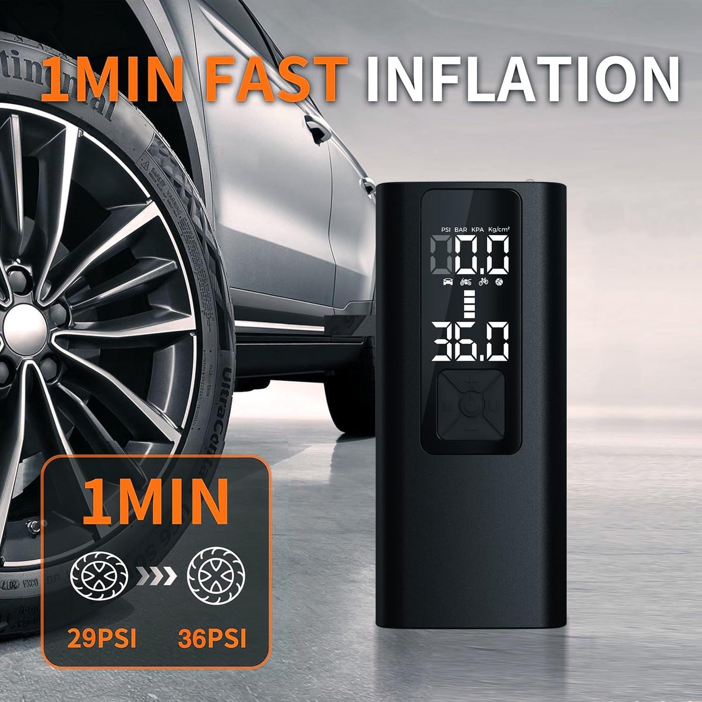 Tire Inflator Portable Air Compressor, 150 PSI & 3X Faster Cordless Air Pump for Car Tires, with Tire Pressure Gauge, LCD Dual Screen, Automatic Stop and LED Light, Bike Pump, for Motorcycle, Ball