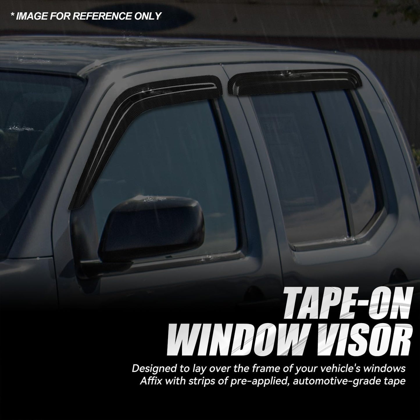 Auto Dynasty 4Pcs Carbon Fiber Pattern Window Visors Compatible with 2000-2004 Nissan Frontier Crew Cab, Tape-On Front & Rear Window Deflectors Rain Guards Sun Wind Air Side Vent Shade, Glossy Black