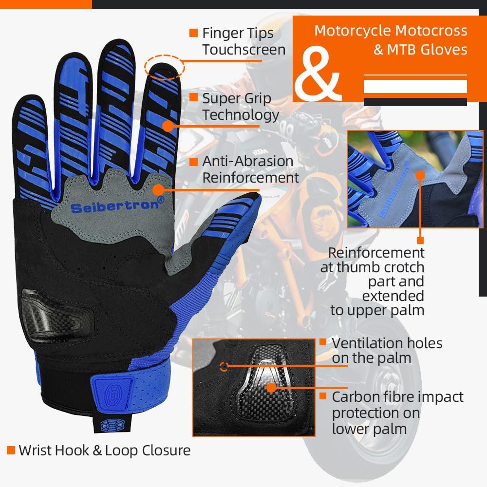 Seibertron SPS Series Touchscreen Motorcycle Motocross BMX ATV MTB Bicycle Cycling Full or Half Finger Gloves Adult and Youth