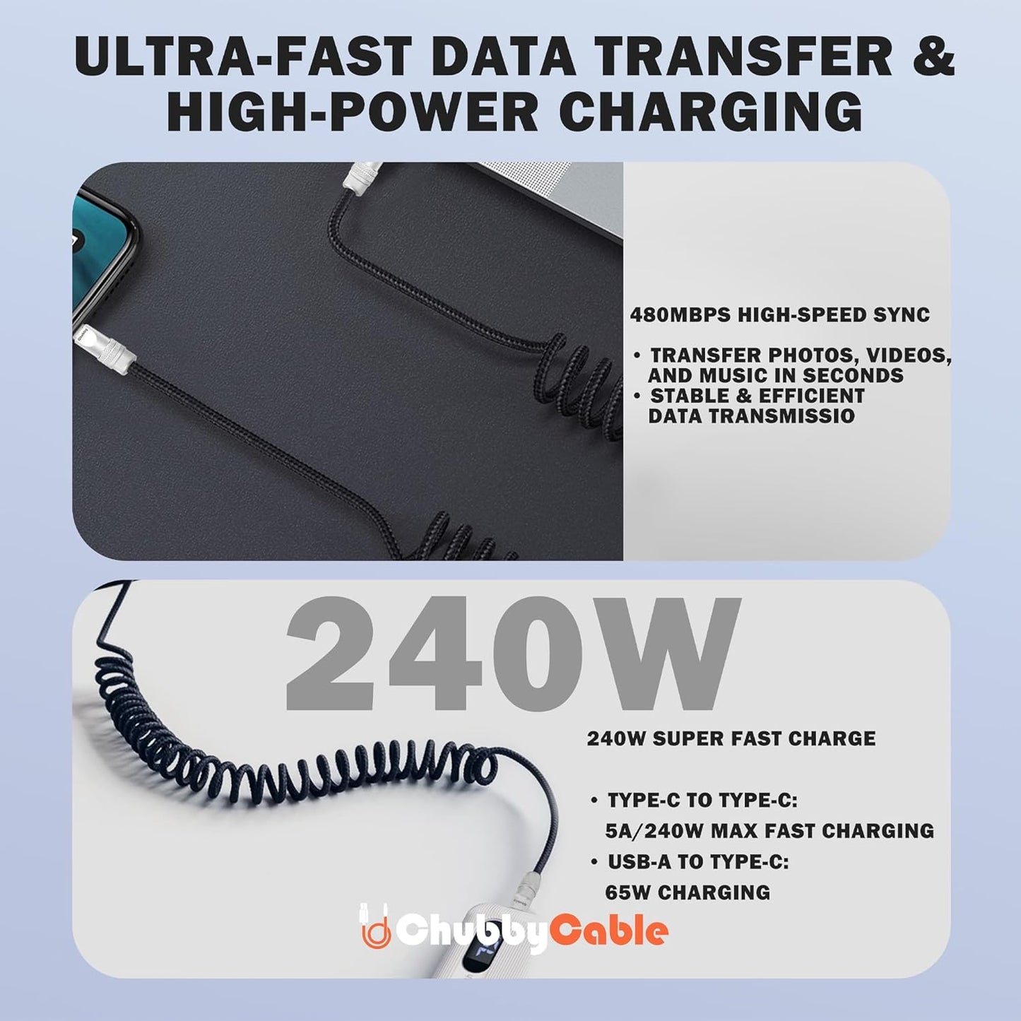 chubbycable Curly Chubby - Retractable Fast Charging Cable 240W Coiled Charger Cord for Car Durable USB-C Cable for Phones, Tablets and More, Orange+Orange, USB-A to Type-C, 1.3FT-2.3FT