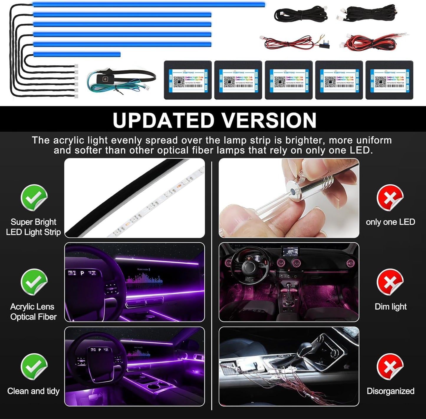 Acrylic Interior Car LED Strip Light with Wireless APP, RGB 6 in 1 with 175 inches 600 LEDs Fiber Optic Car Ambient Lighting Kits, 16 Million Colors Sound Active Function LED Strip for Car