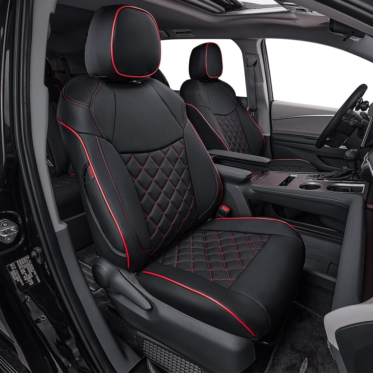 EKR Sienna Seat Covers for 2011-2020 Toyota Sienna LE,XLE, SE,XLE Premium 2nd Row 4/2/4 Split,8 Seats,Waterproof Car Seat Cover Full Set,Car Seat Protectors- Three Row,Leather(Black with Red Piping)