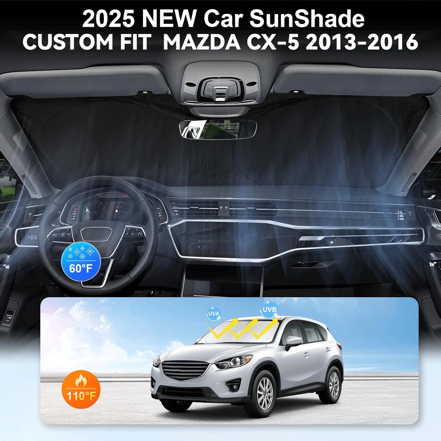 Custom Fit Mazda CX5 Windshield Sunshade for Mazda CX5 CX-5 2013-2016 Accessories Front Window Shades Fit for CX5 CX-5, Sport, Touring, Grand Touring,Crossover Cover for Windshield Shade Blocks UV